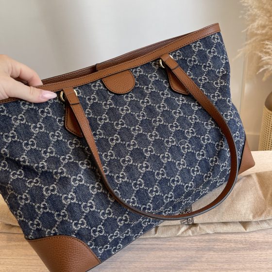 Gucci New Denim GG Monogram Medium Ophidia Shopping Tote Blue Tea Cuir