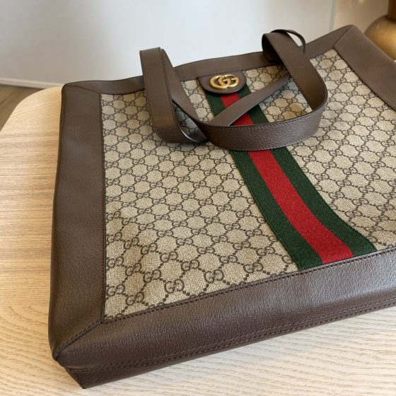 Gucci GG Supreme Monogram Web Large Ophidia Vertical Shopping Tote Brown
