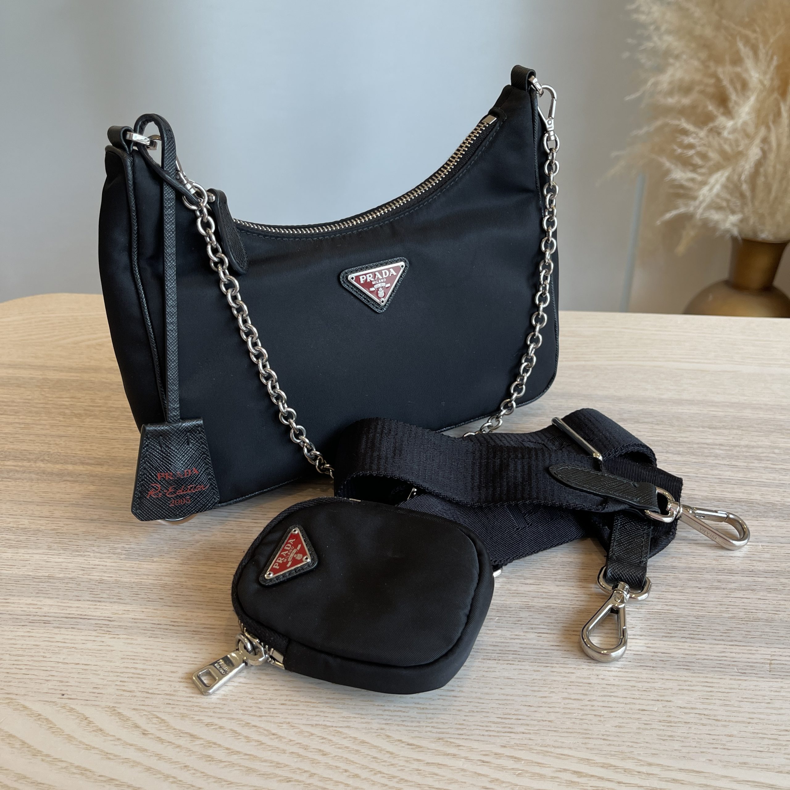 Prada Nylon Re Edition 2005 Shoulder Bag Black with red