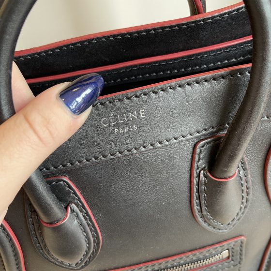 Celine Smooth Calfskin Nano Luggage Black with red Trim