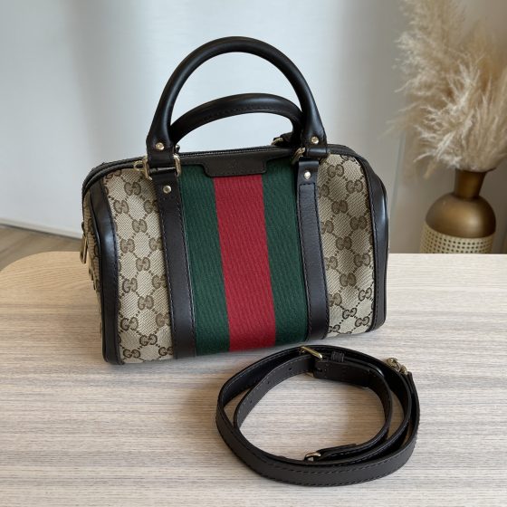 Gucci Brown Canvas Web Boston Handbag Small