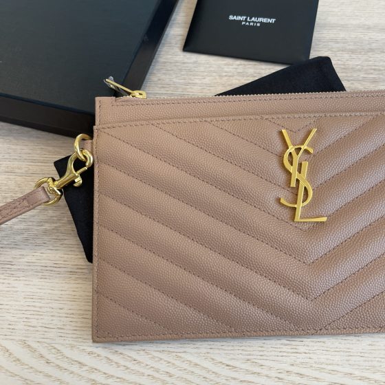 Saint Laurent Large Quilted YSL Zip Wristlet Vintage Peach