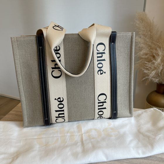 Chloe Cotton Calfskin Medium Woody Ribbon Tote White Navy