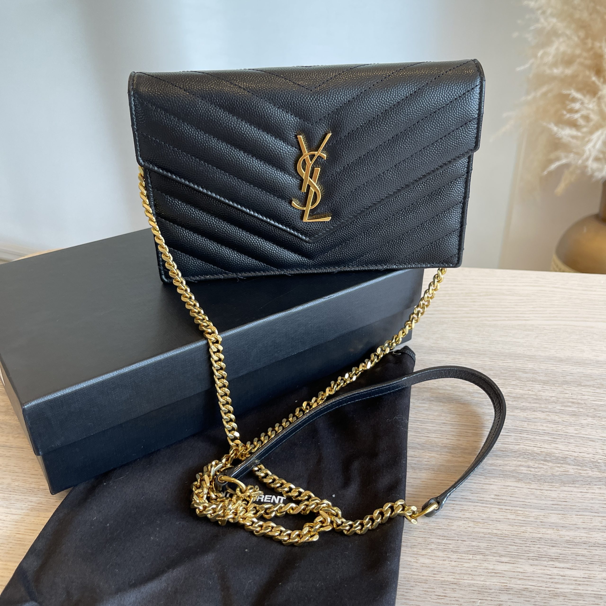 Saint Laurent Envelope Quilted Leather Chain Wallet Black Gold Hardware