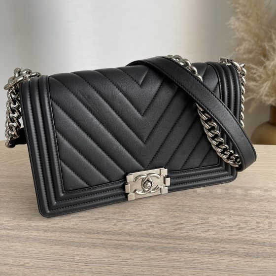 Chanel Lambskin Chevron Quilted Old Medium Boy Flap Black