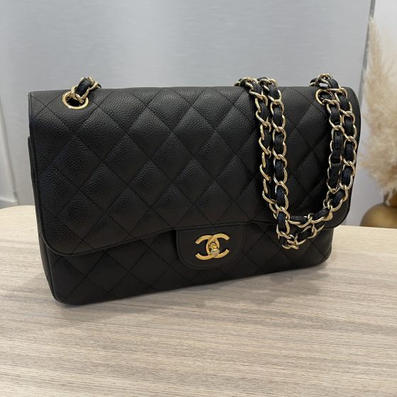 Chanel Caviar Quilted Jumbo Double Flap Black Gold Hardware