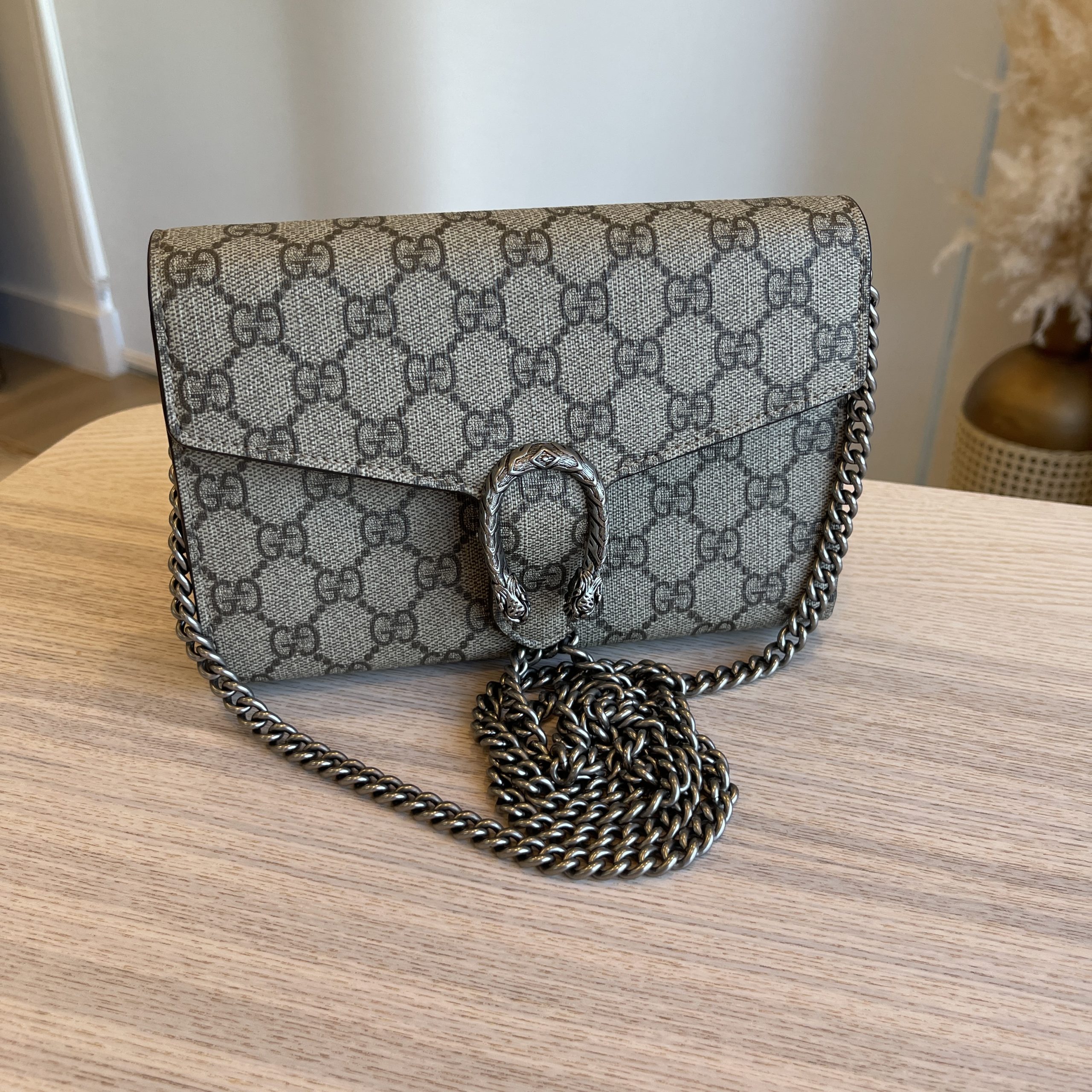 Gucci GG Supreme Monogram Dionysus Chain Wallet Taupe