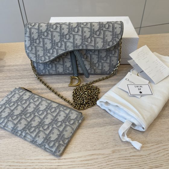 Christian Dior Oblique Saddle Chain Long Wallet Grey