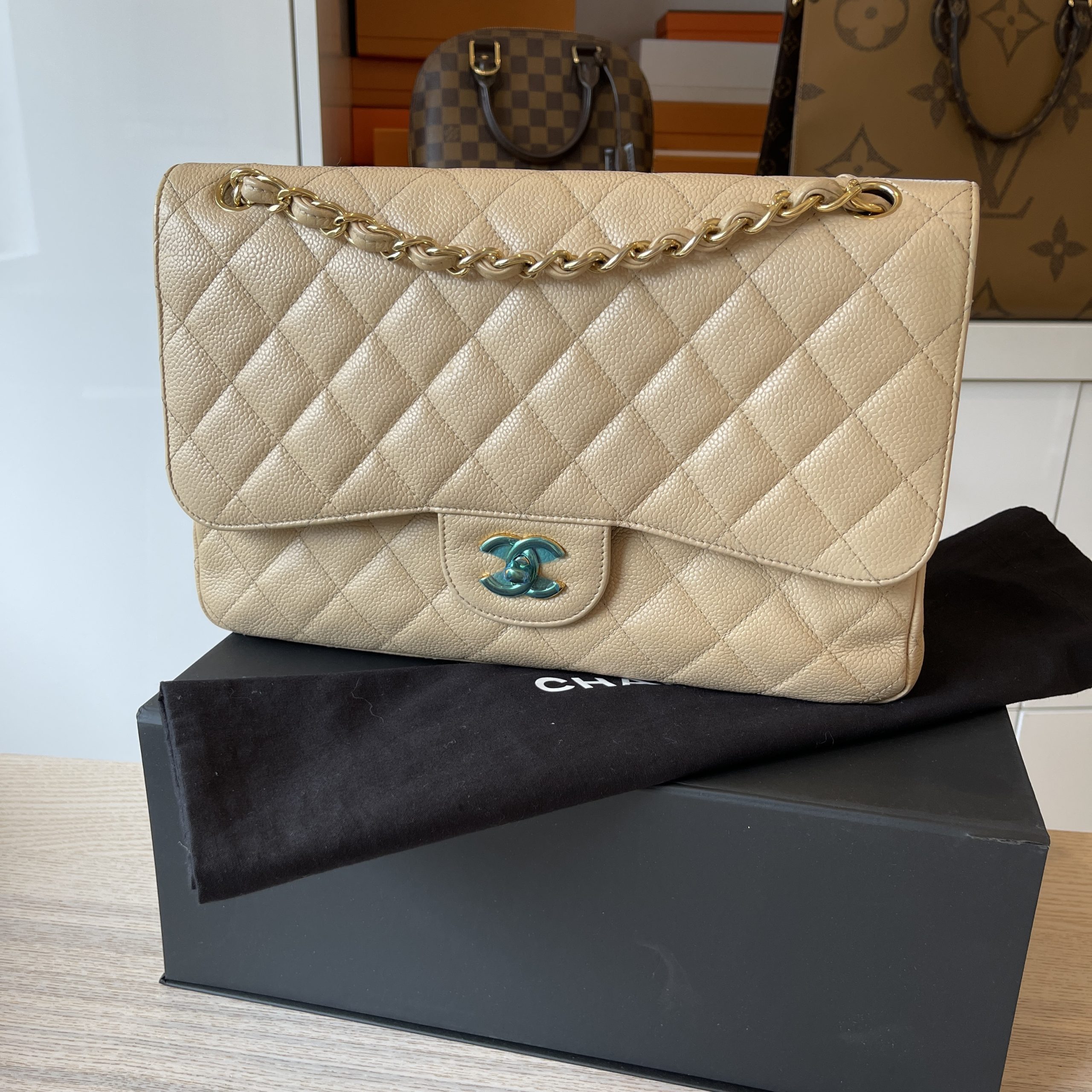 Chanel Caviar Quilted Jumbo Double Flap Beige Gold Hardware