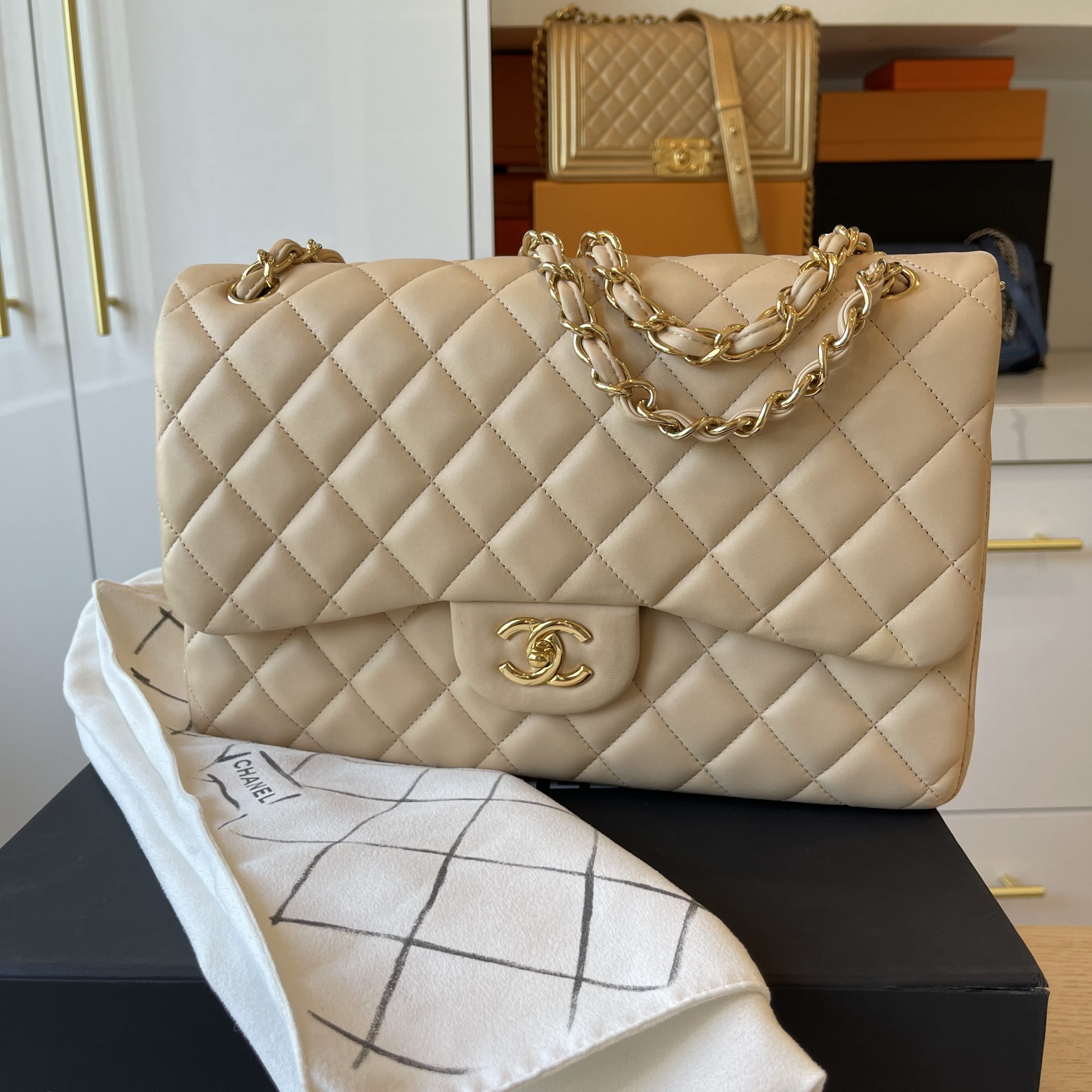 Chanel Lambskin Quilted Jumbo Double Flap Beige Gold Hardware