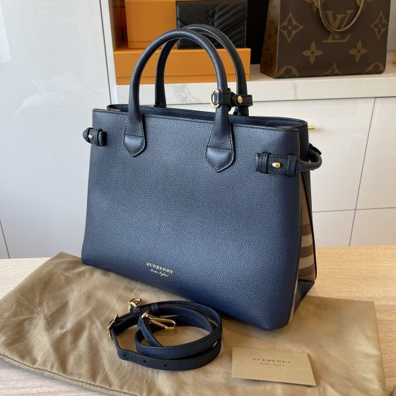Burberry Grainy Calfskin House Check Medium Banner Tote Brilliant Navy