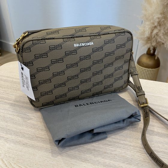 Balenciaga Coated Canvas BB Monogram Medium Camera Bag Beige Brown