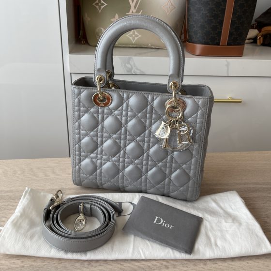Christian Dior Lambskin Cannage Medium Lady Dior Gray Pearlescent Gold Hardware