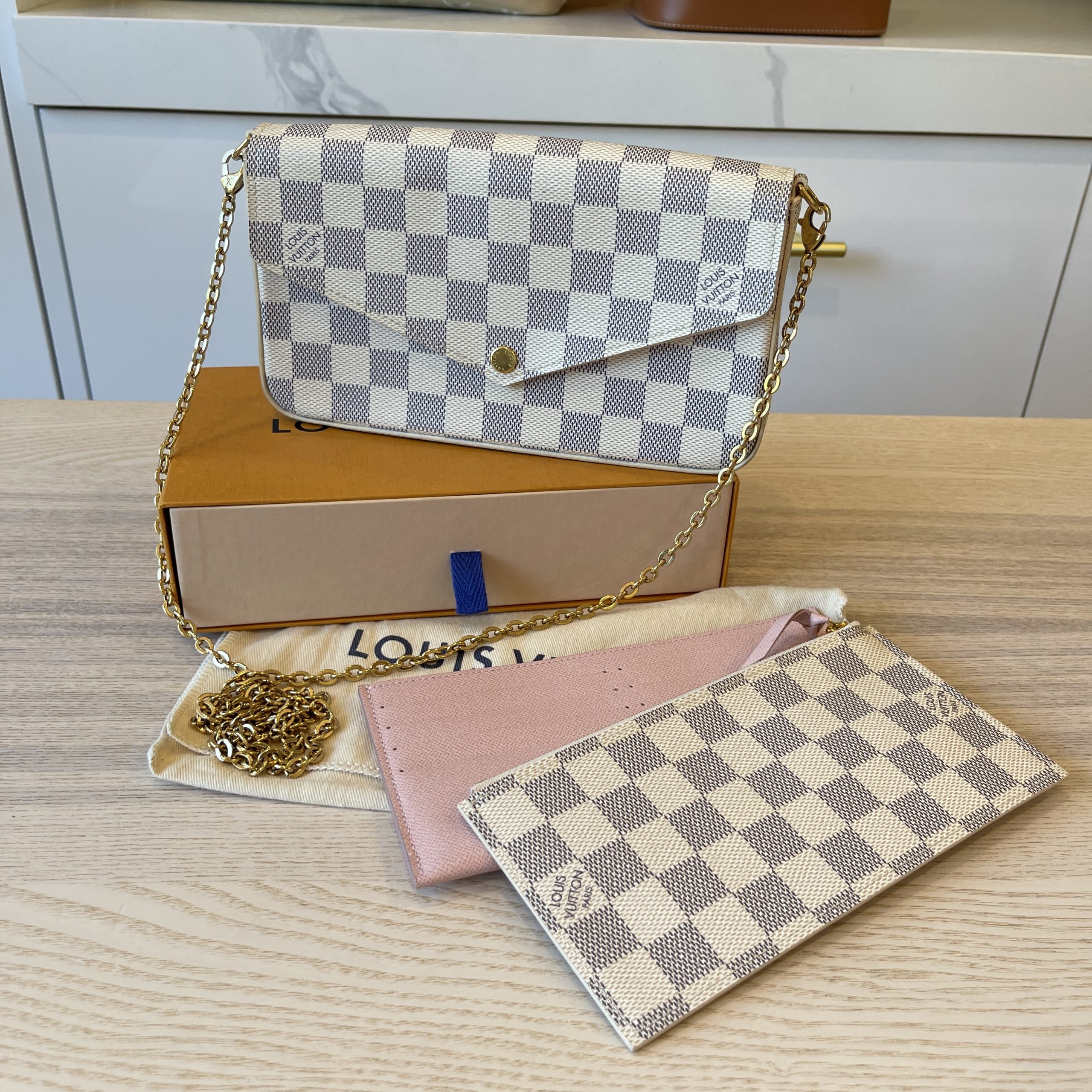 Louis vuitton damier azur pochette felicie chain wallet rose ballerine shop