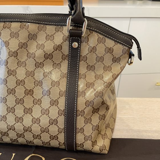 Gucci Crystal Monogram Medium GG Charm Dome Satchel Dark Brown