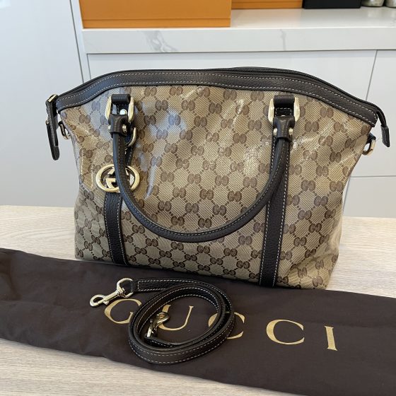 Gucci Crystal Monogram Medium GG Charm Dome Satchel Dark Brown