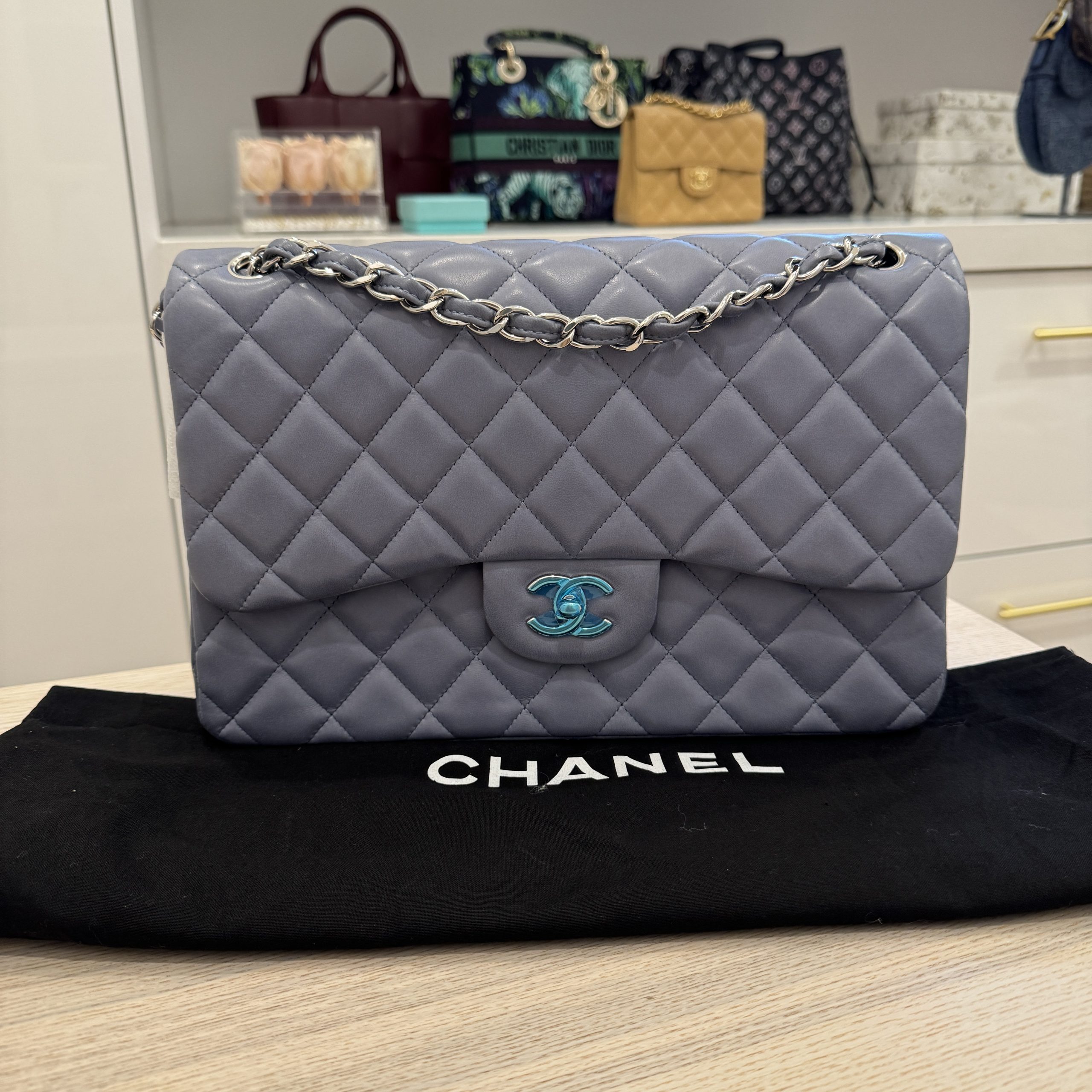 Chanel Lambskin Quilted Jumbo Double Flap Blue/Lilac Silver Hardware