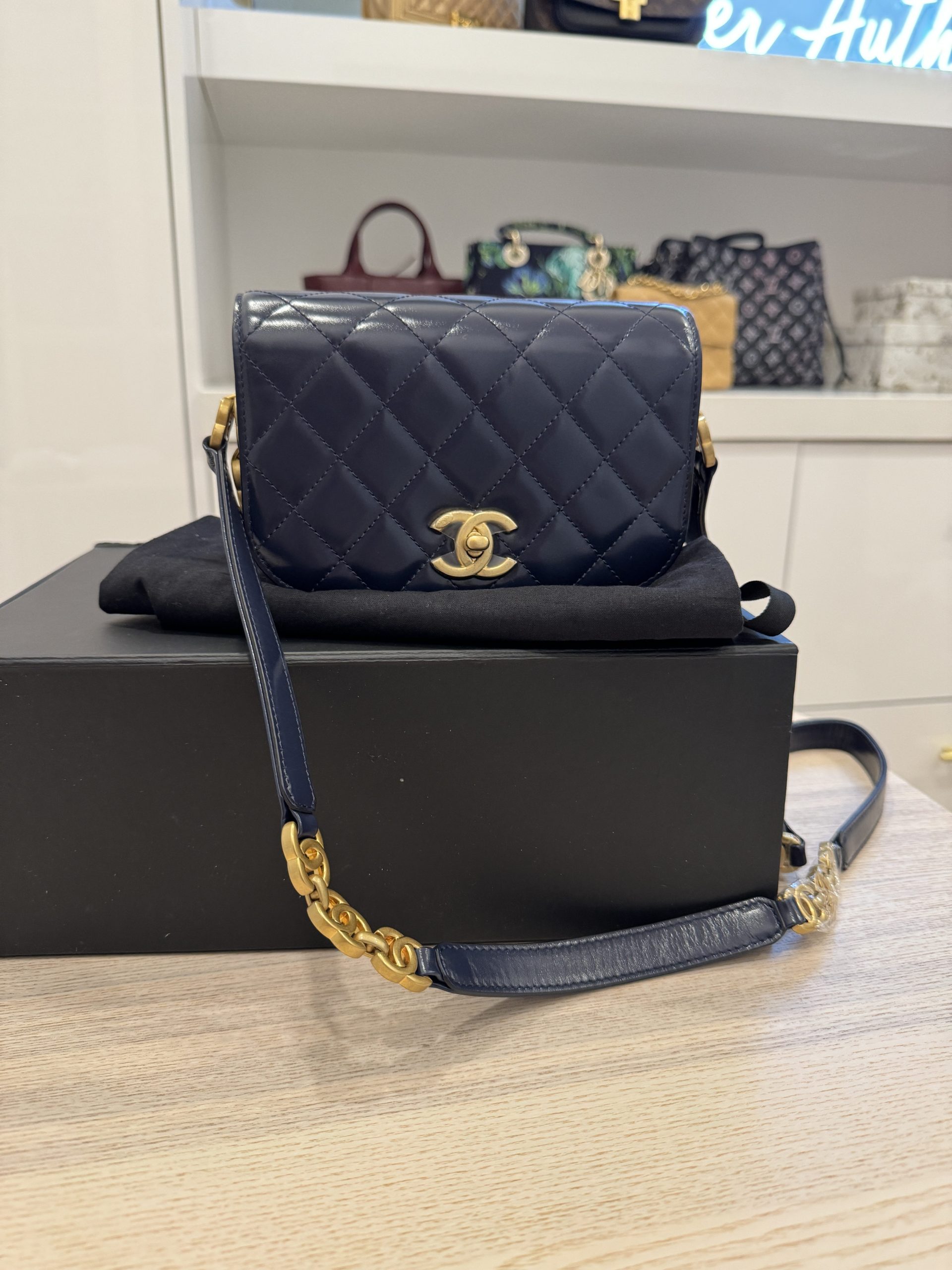 Chanel Shiny Calfskin Quilted Suede Goatskin Mini Messenger Navy