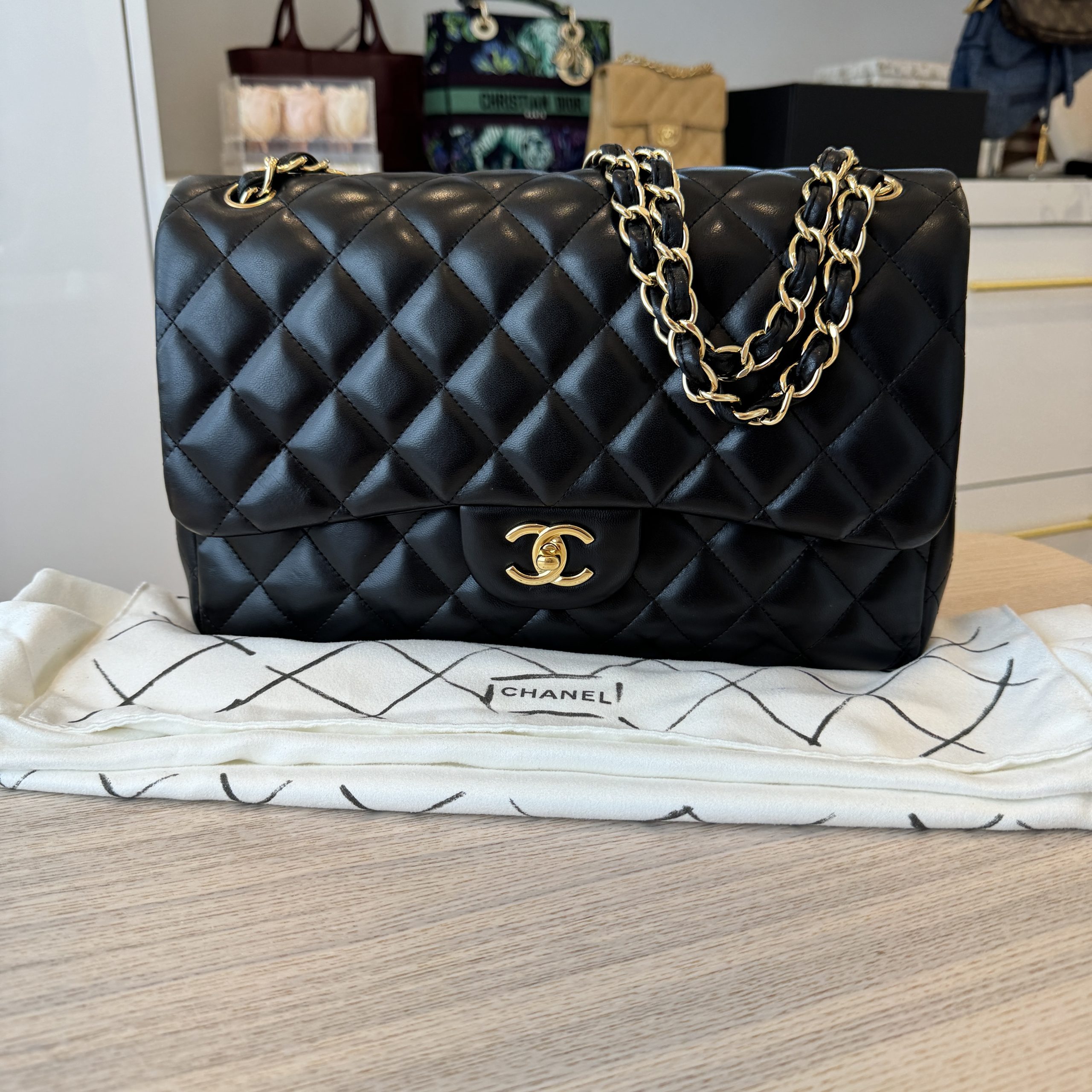 Chanel Lambskin Quilted Jumbo Double Flap Black Gold Hardware