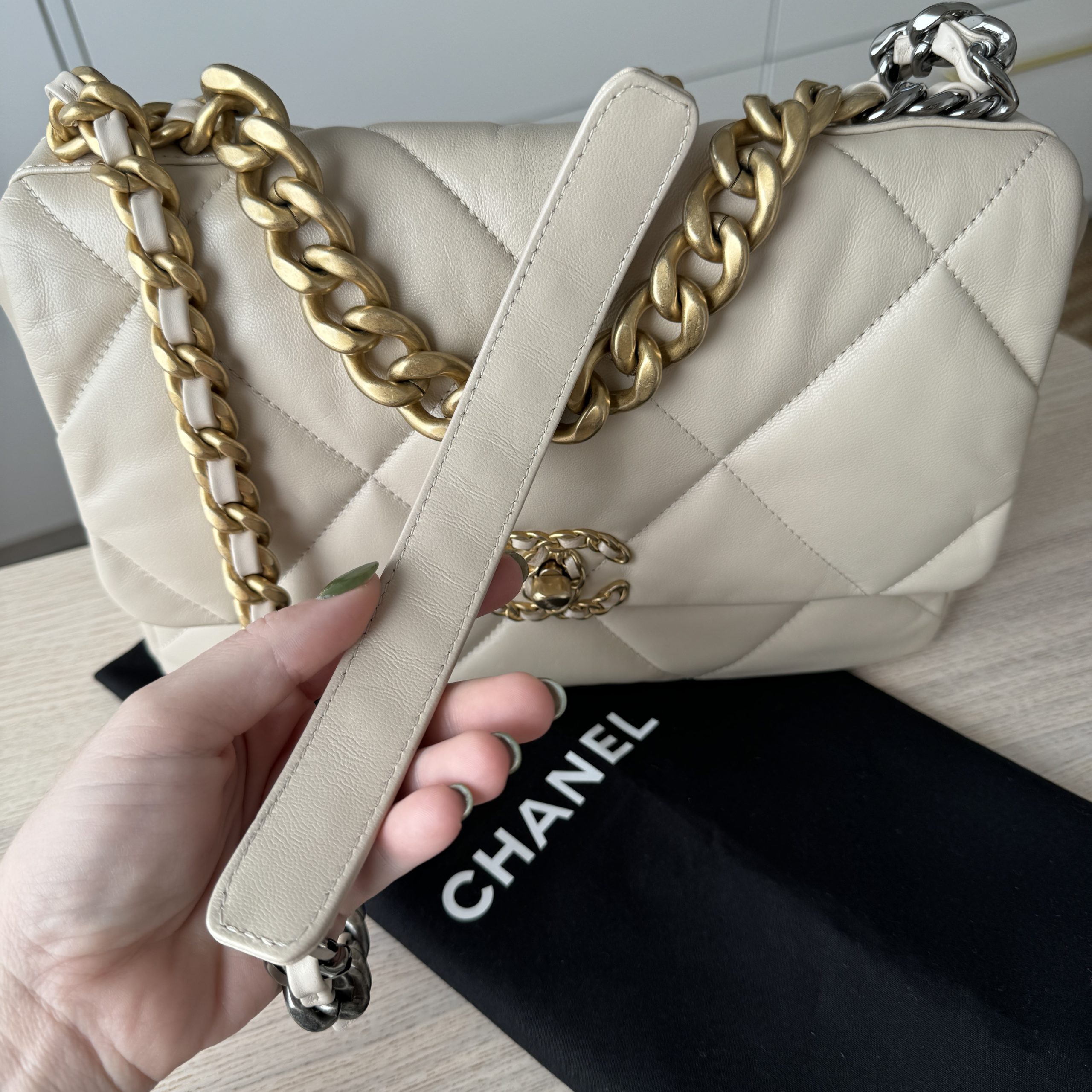 Chanel Lambskin Quilted Large Chanel 19 Flap Light Beige