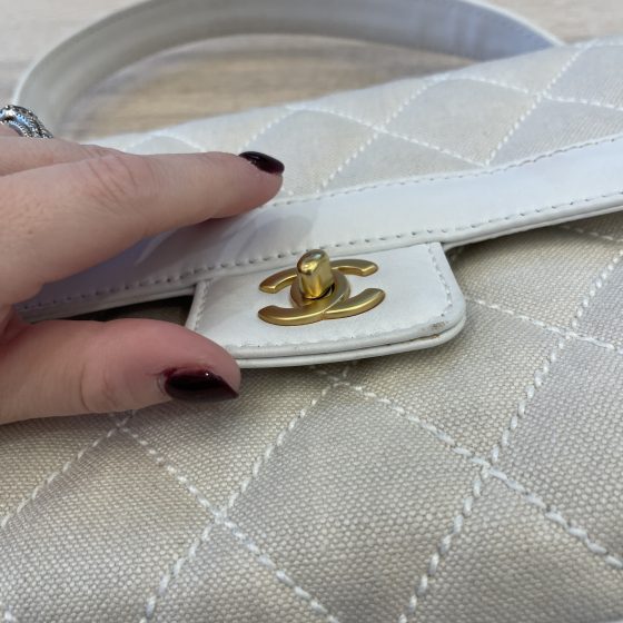 Chanel Surpique Top Handle Flap Bag White and Beige Jersey