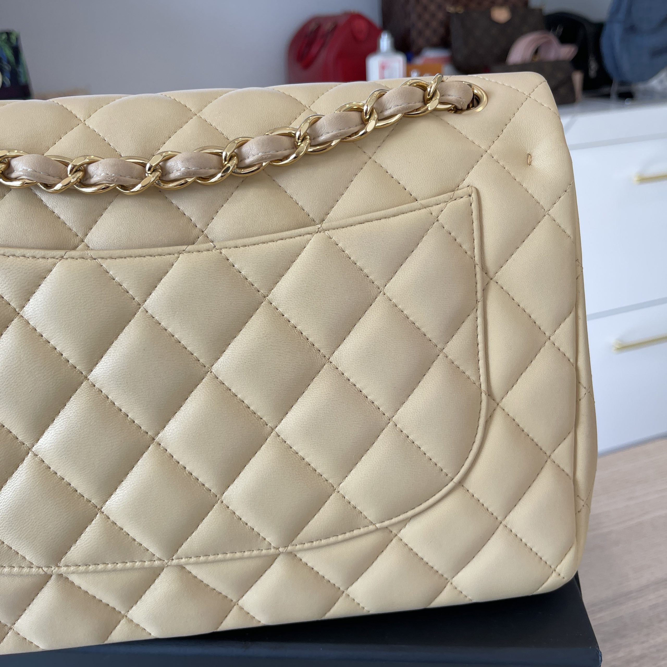 Chanel Lambskin Quilted Jumbo Double Flap Beige Gold Hardware