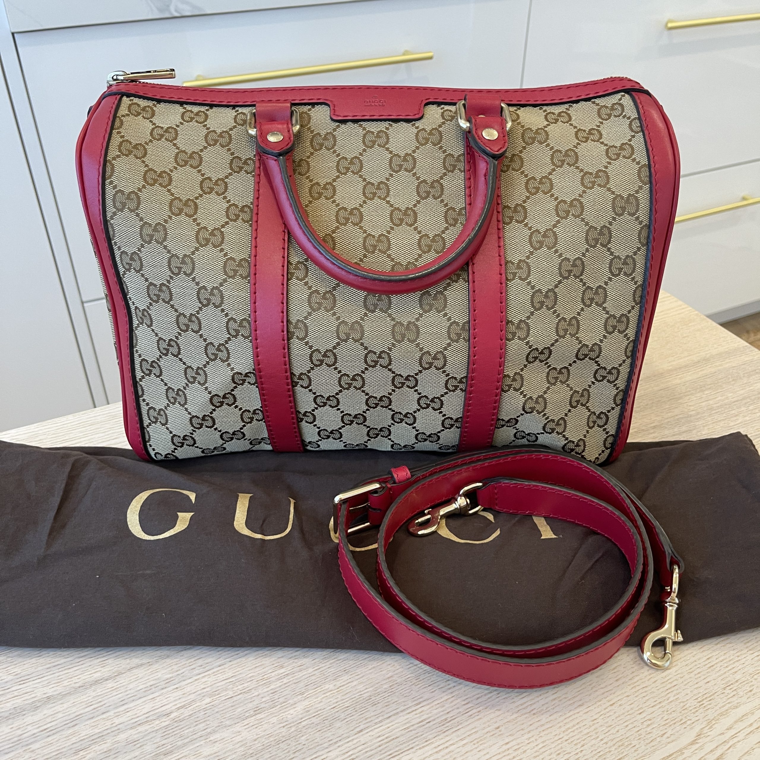 Gucci Monogram Vintage Web Medium Boston Dark Brown