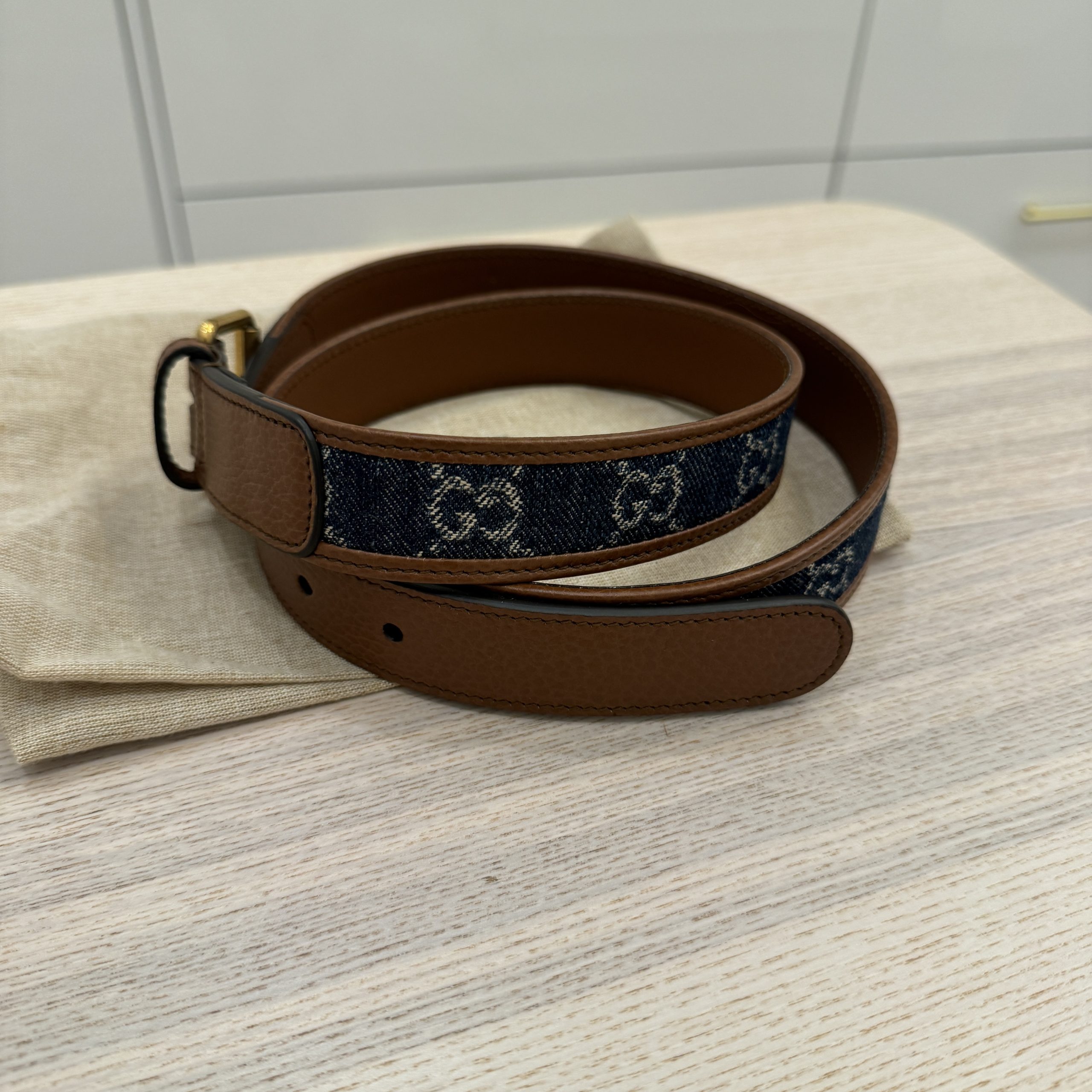 Gucci New Denim GG Monogram Dollar Calfskin Belt 100 40 Blue Tea Cuir