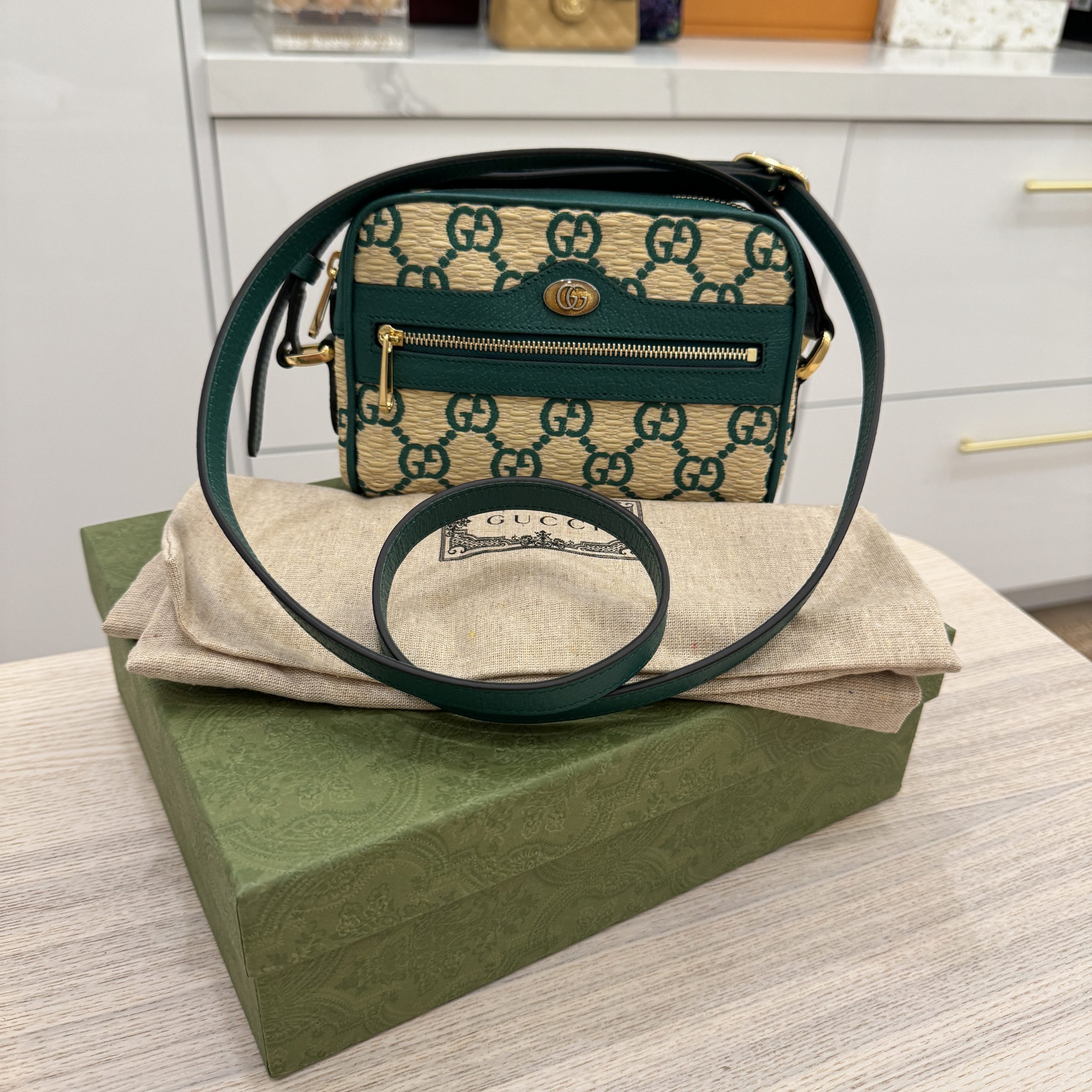 Gucci Raffia Mini Ophidia Shoulder Bag Natural Cream Green