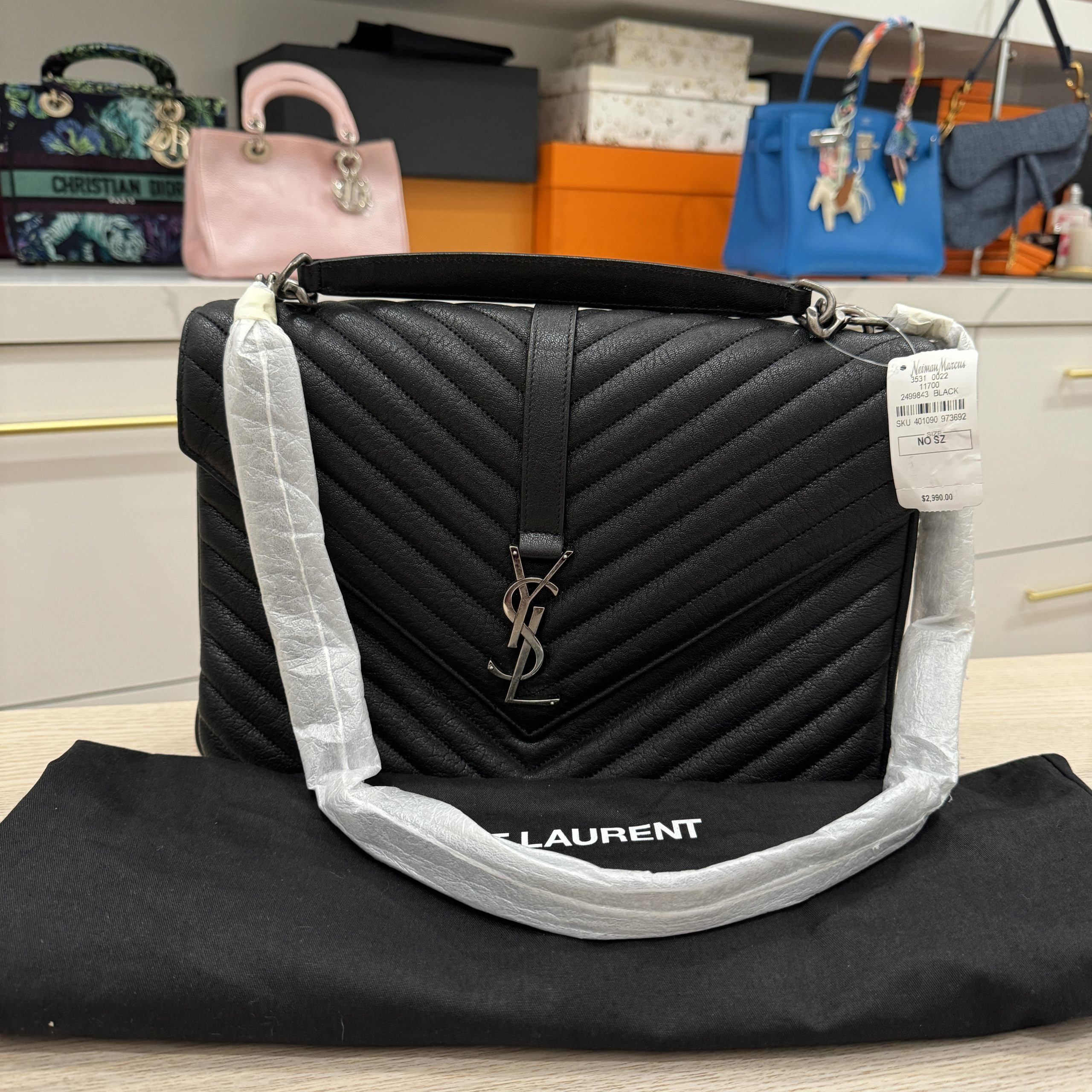 Saint Laurent Calfskin Matelasse Chevron Monogram Large College Satchel  Black Silver Hardware