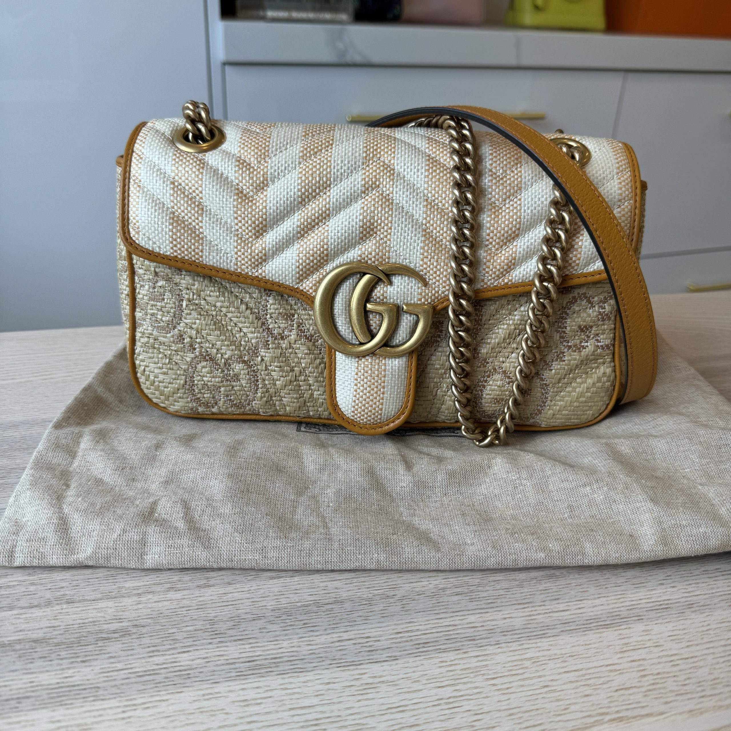 Gucci GG Marmont Flap Bag Printed Matelasse Raffia Small