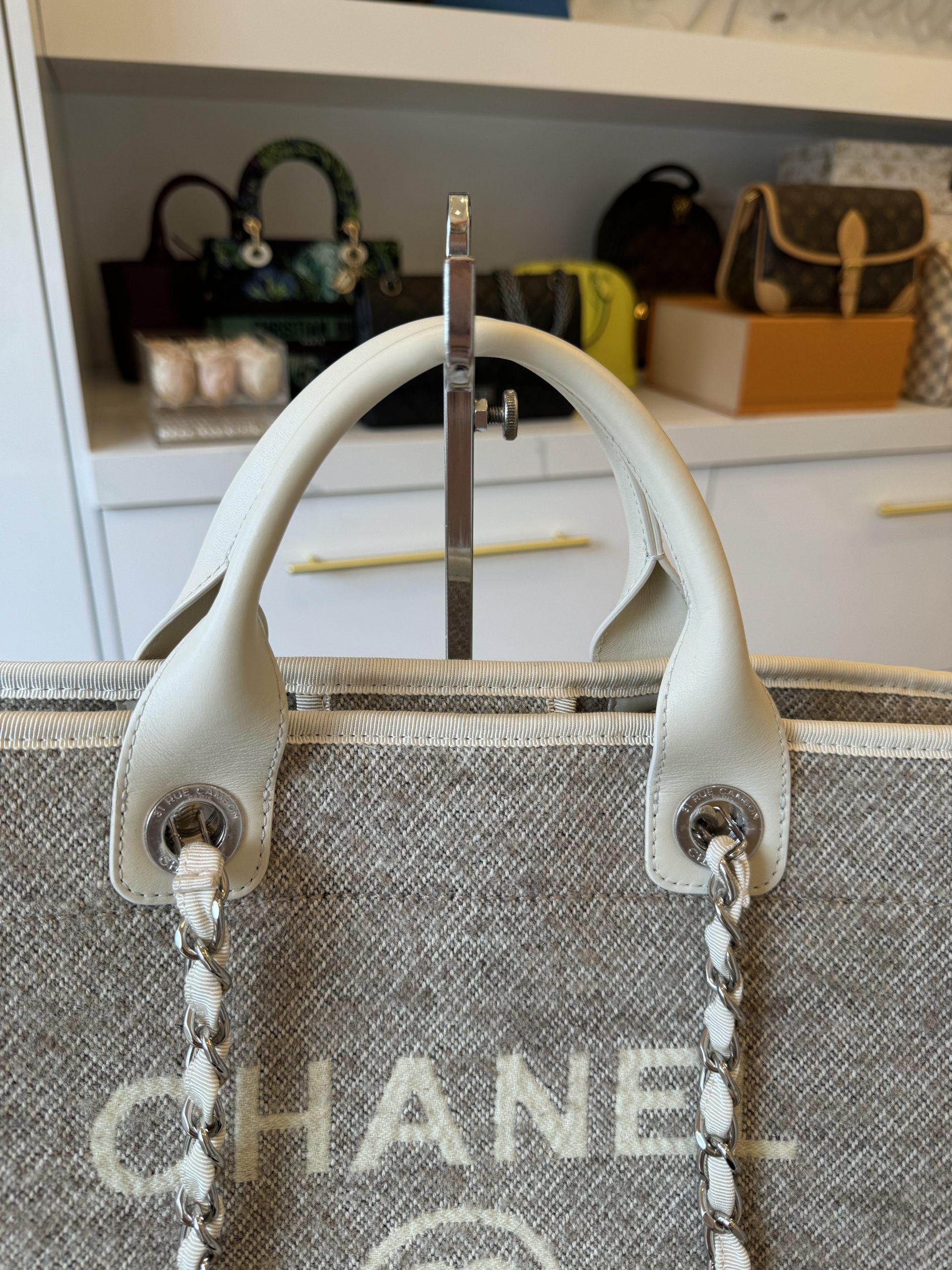 Chanel Deauville Large, Beige Wool with White Leather and Silver Hardware