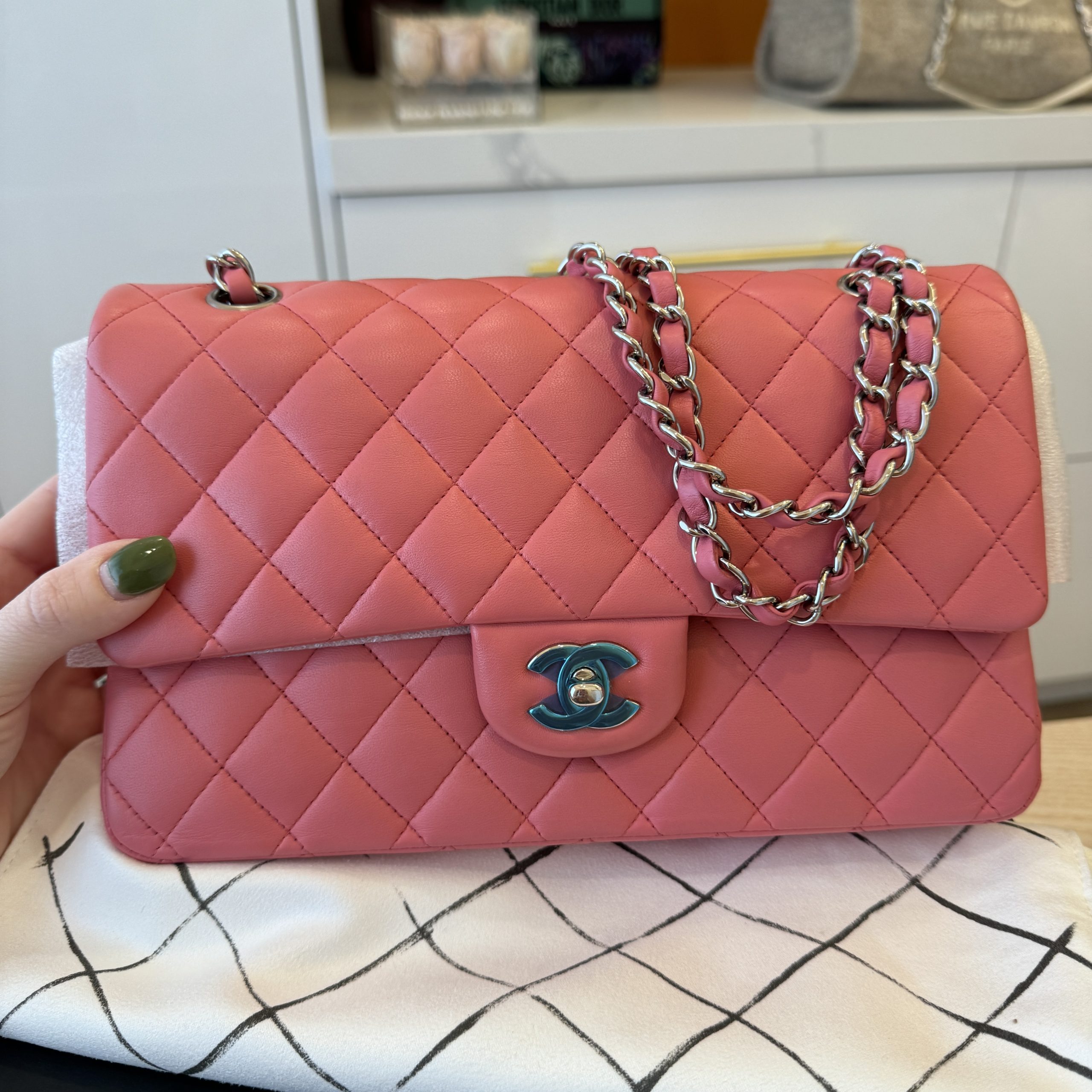 Chanel Lambskin Quilted Medium Double Flap Pink Silver Hardware