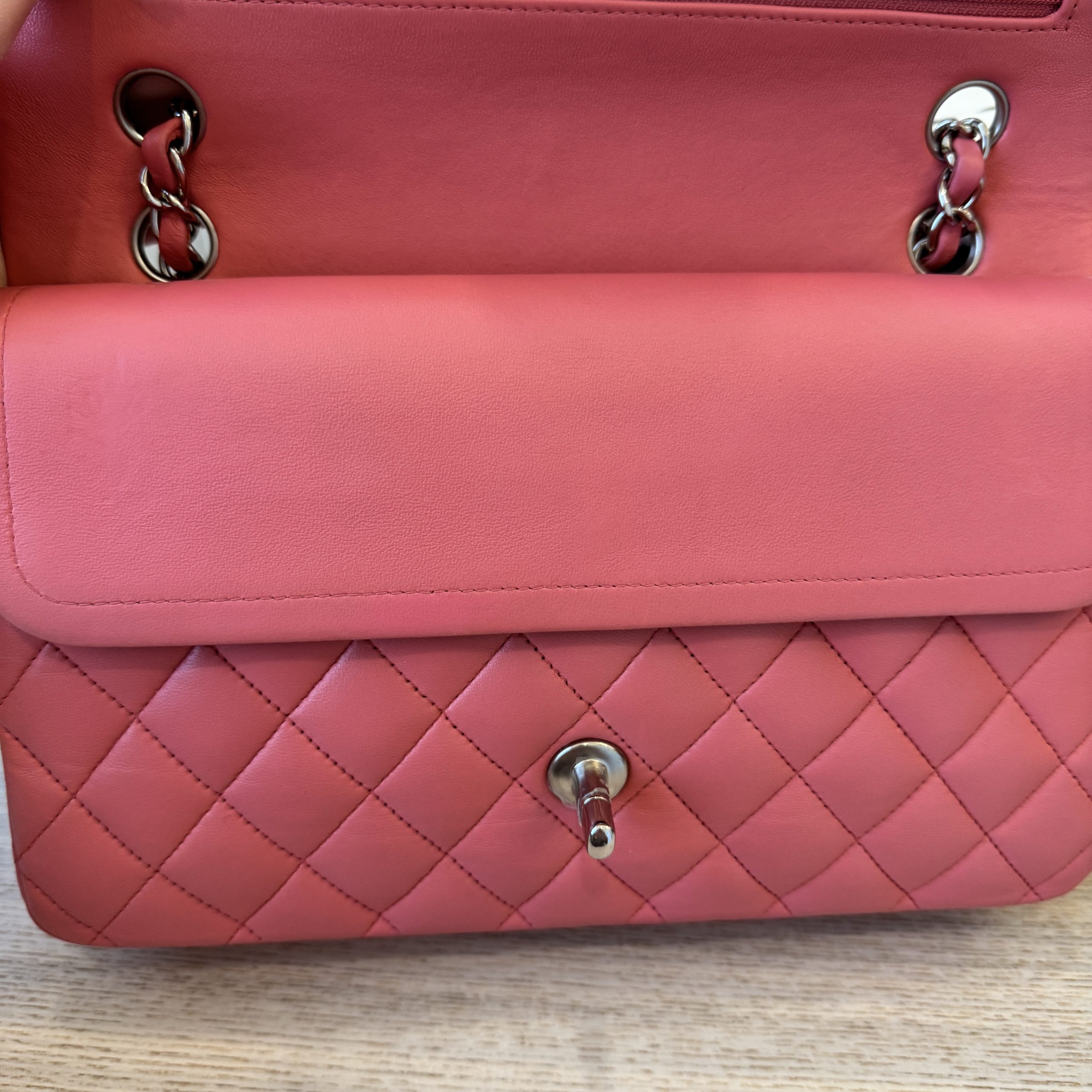 Chanel Lambskin Quilted Medium Double Flap Pink Silver Hardware