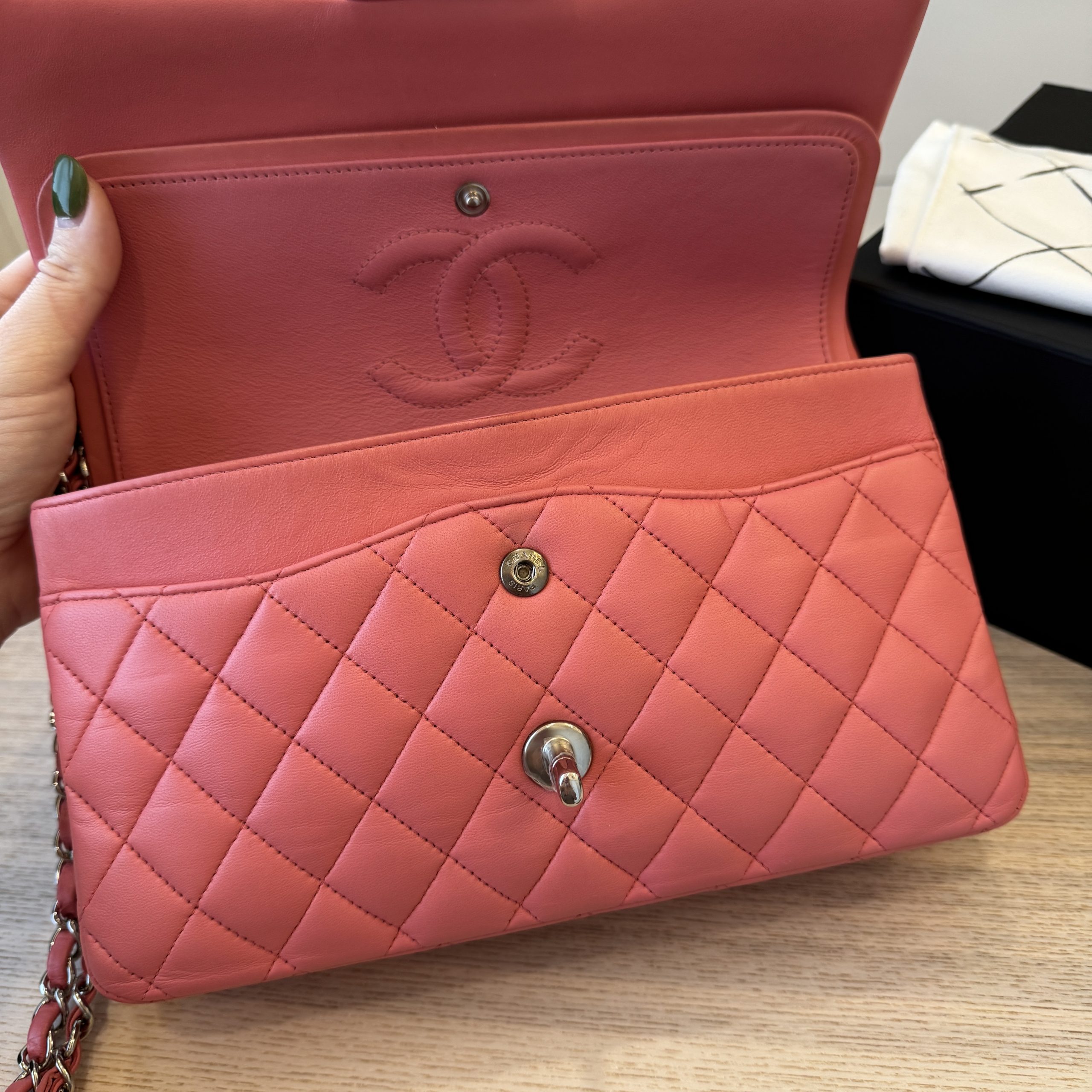 Chanel Lambskin Quilted Medium Double Flap Pink Silver Hardware