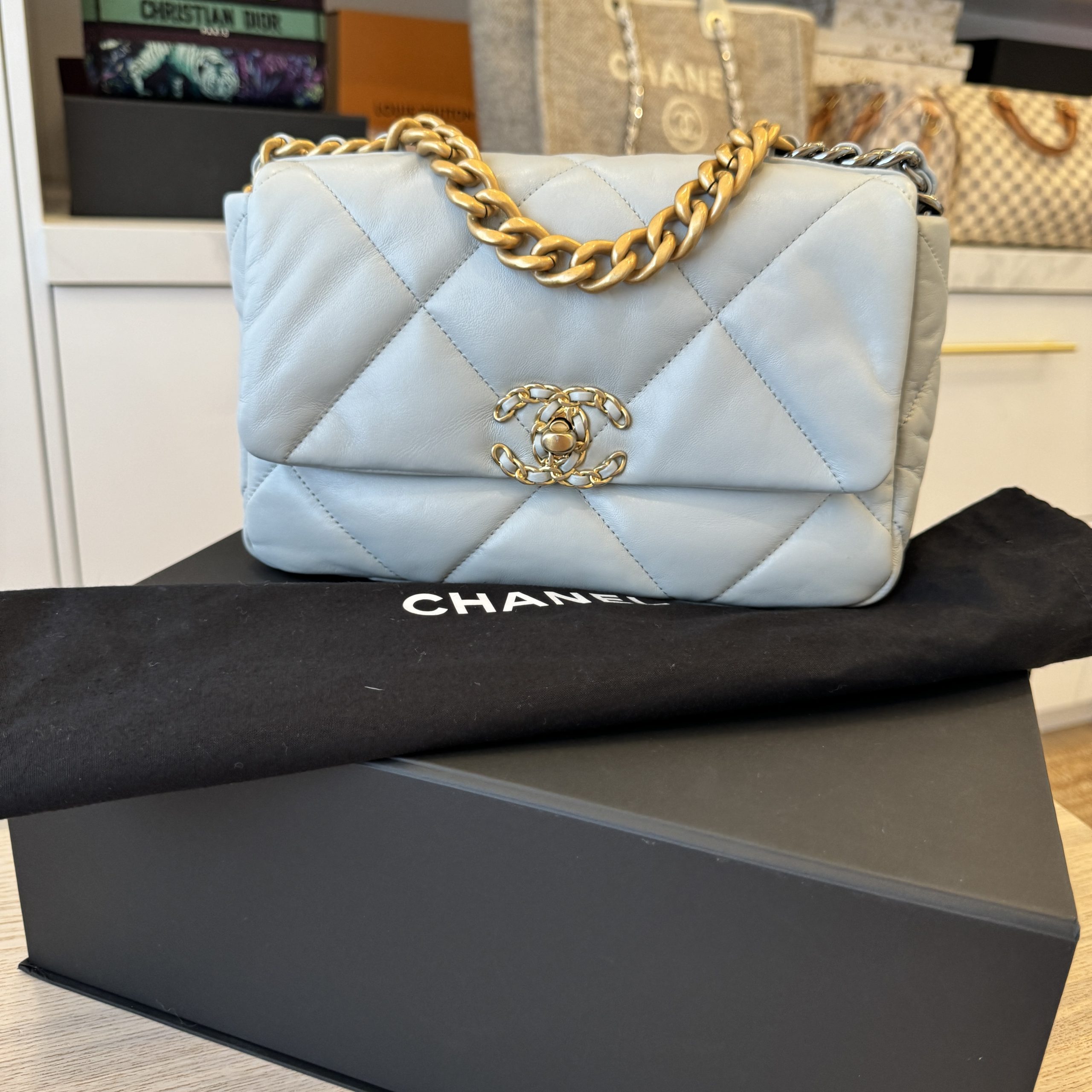 Chanel Lambskin Quilted Medium Chanel 19 Flap Light Blue