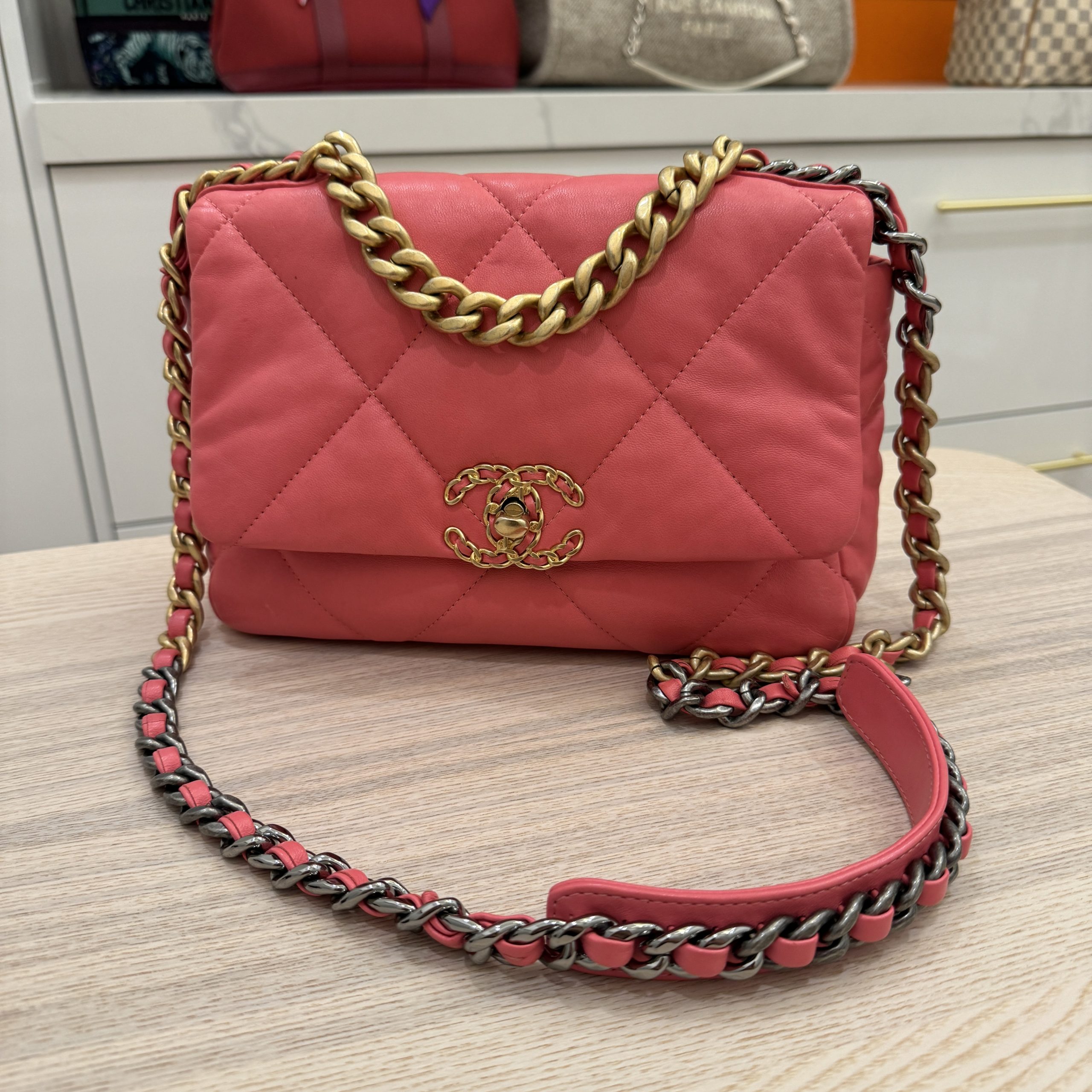 Pink Quilted Lambskin Chanel 19 Flap Bag Medium