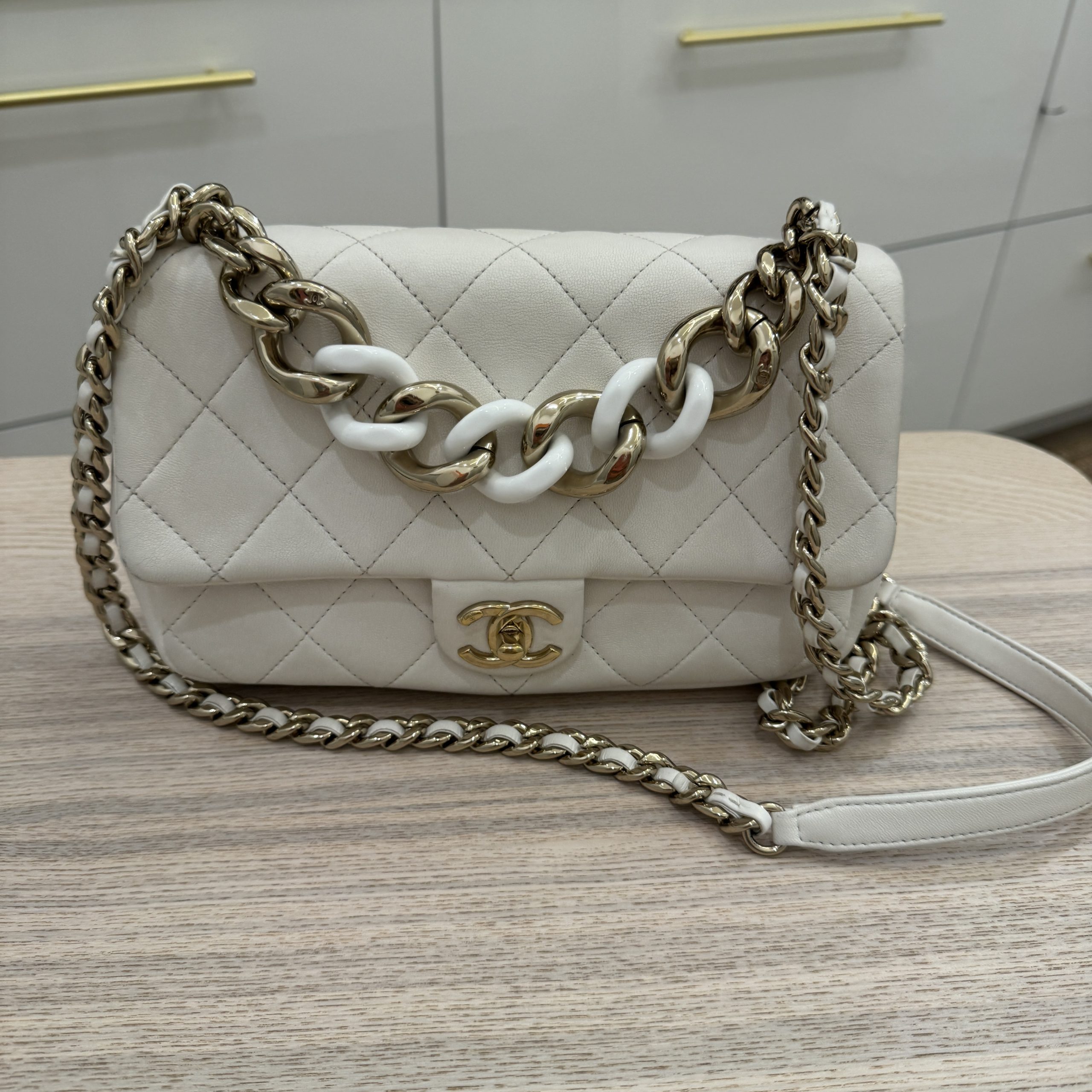 Chanel White Large Flap Bag Gold Chain Shoulder Strap