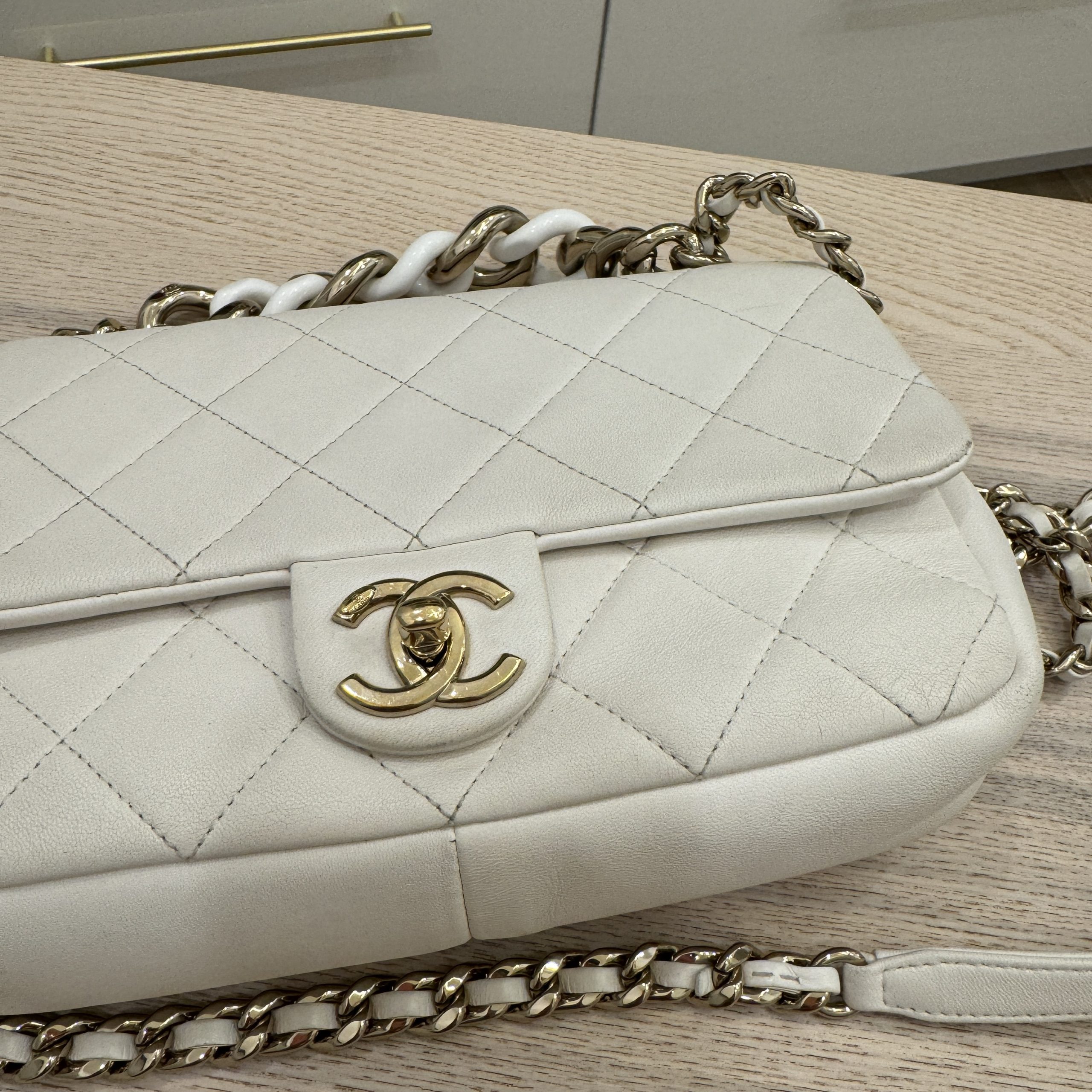 Chanel White Large Flap Bag Gold Chain Shoulder Strap