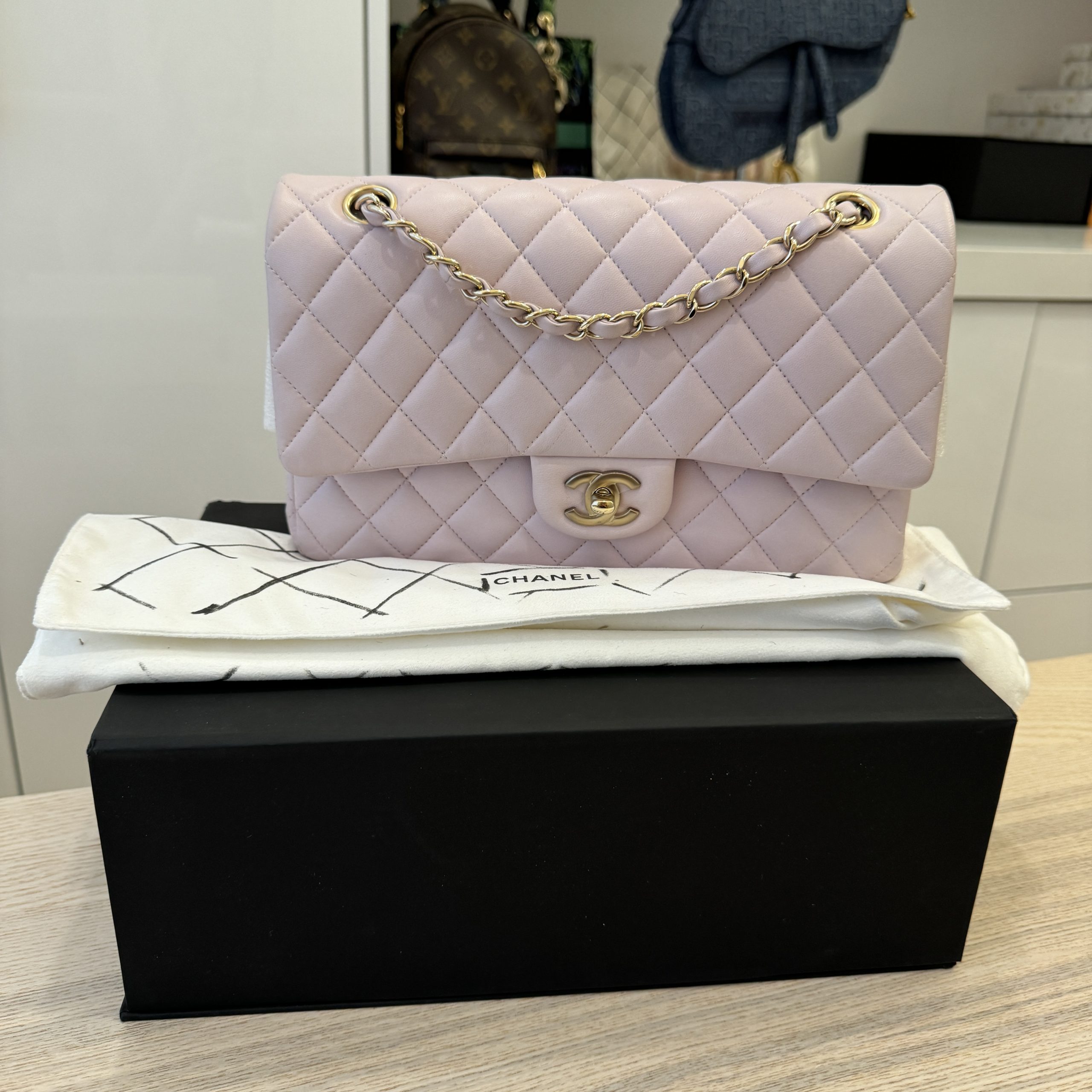 Chanel Lambskin Quilted Medium Double Flap Pale Pink Gold Hardware