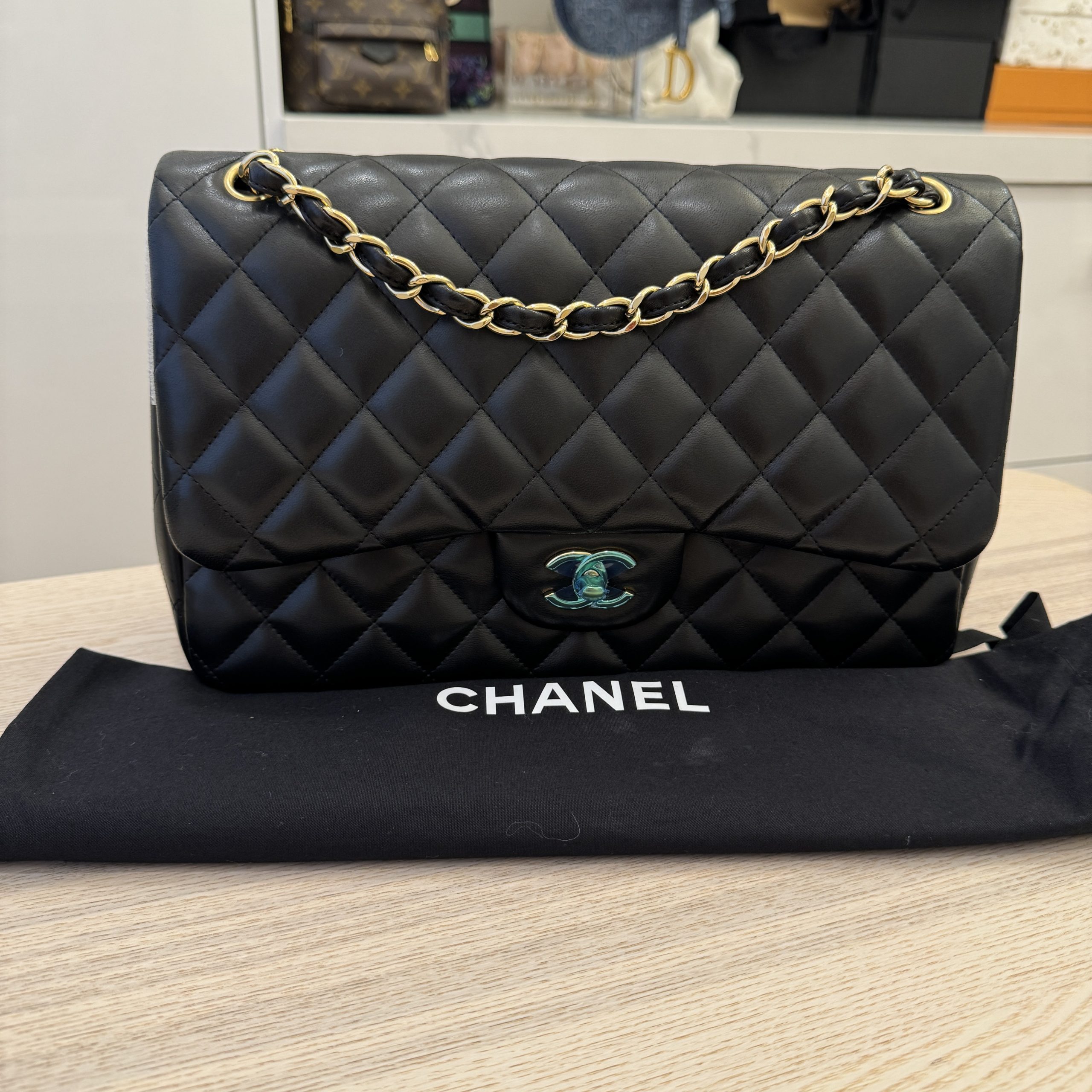 Black Chanel Jumbo Classic Lambskin Double Flap Shoulder Bag