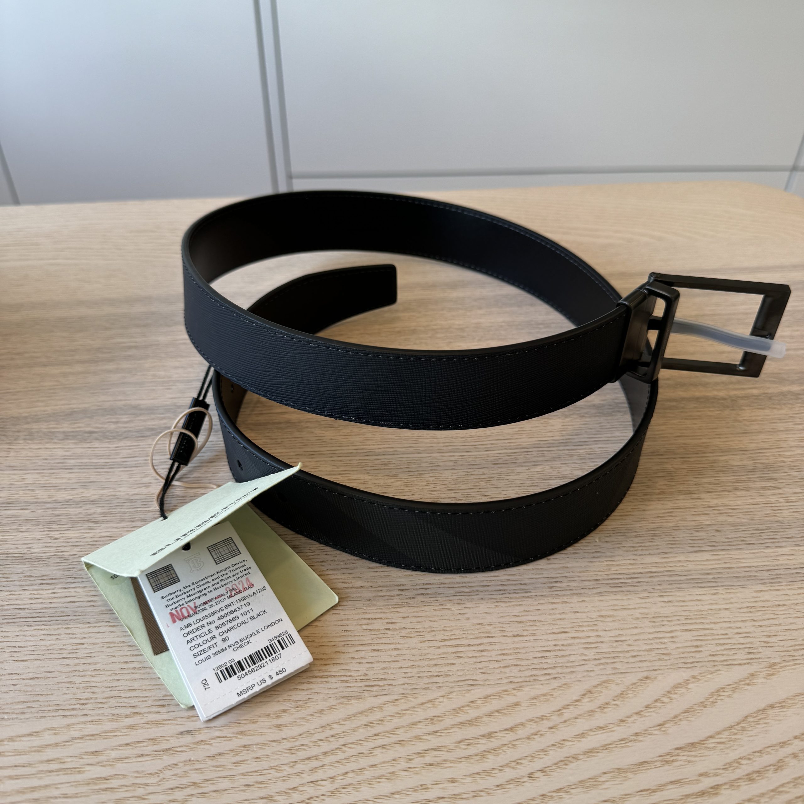 Check and Leather Belt in Charcoal/silver