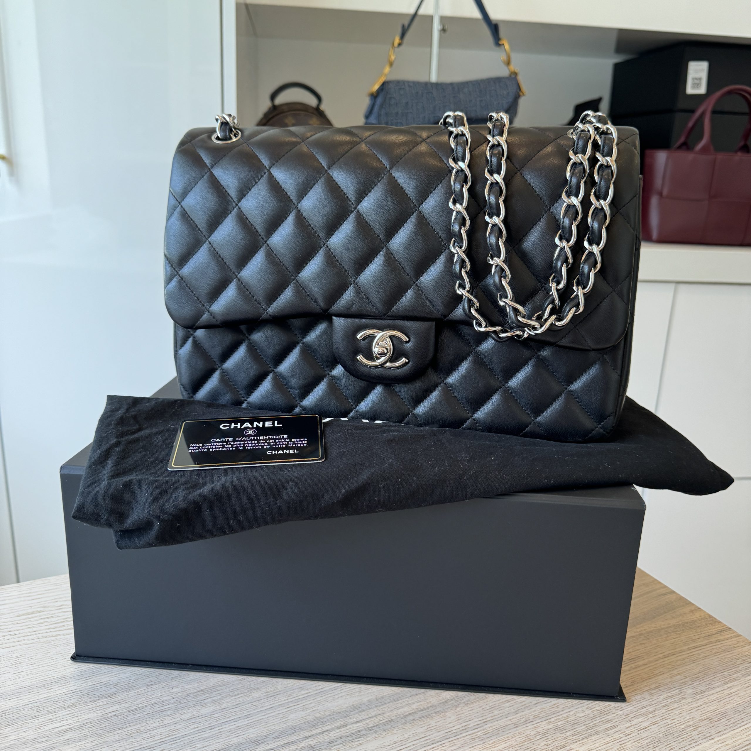 Chanel Lambskin Quilted Jumbo Double Flap Black Silver Hardware