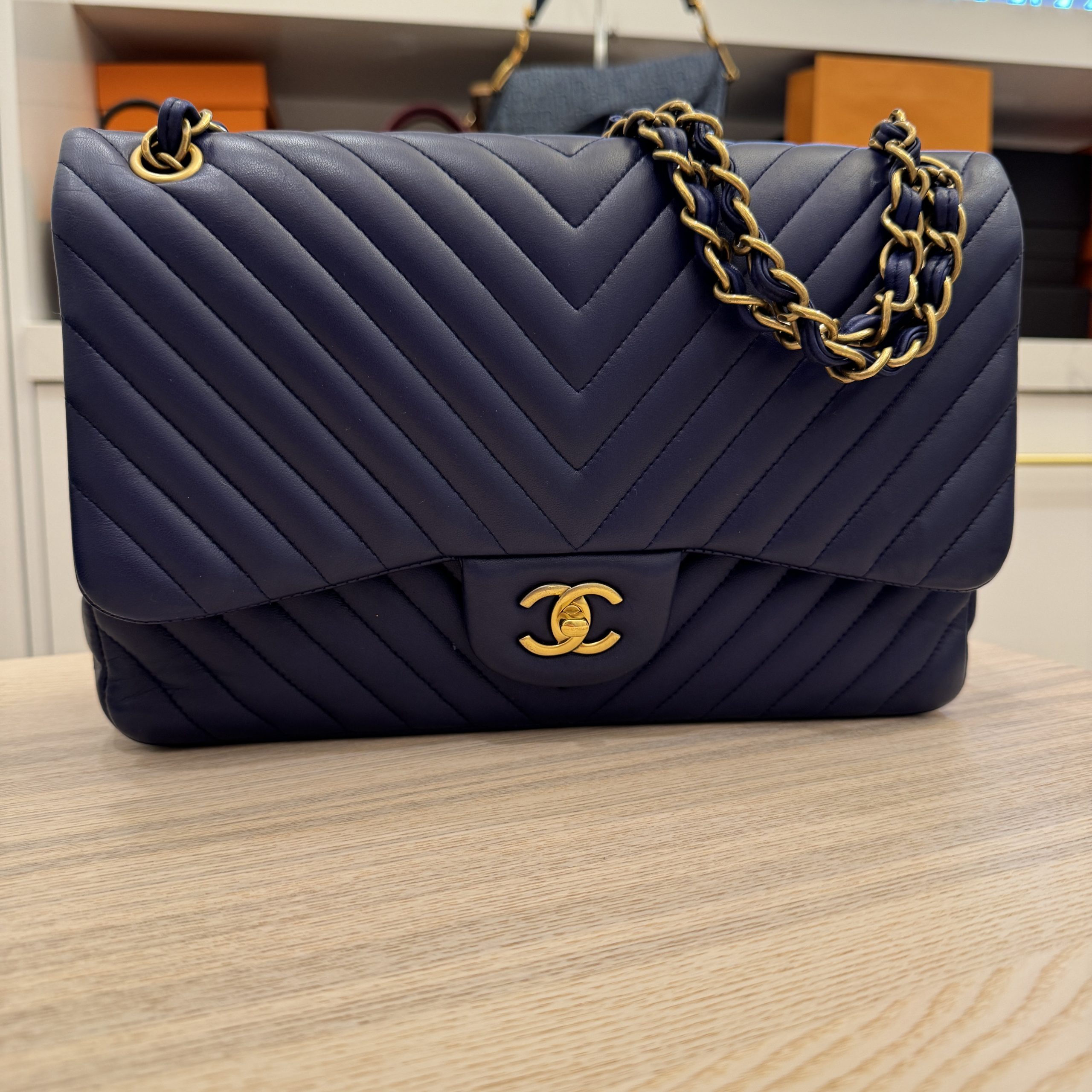 Chanel Lambskin Chevron Jumbo Double Flap Navy Antique Gold Hardware