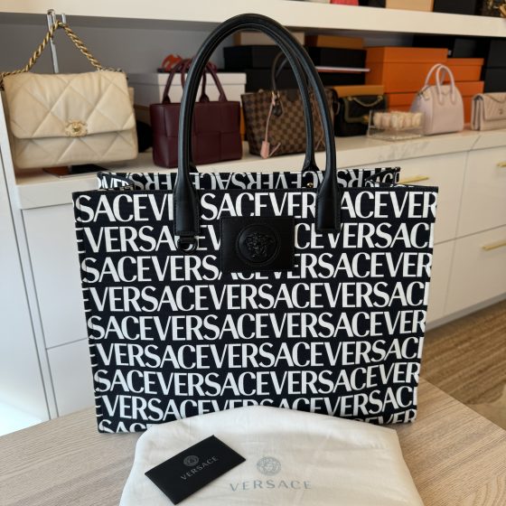Versace Large Logo Canvas Book Tote Black and white