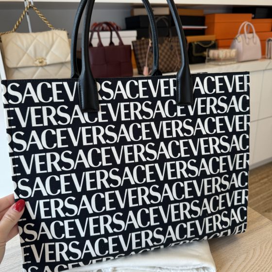 Versace Large Logo Canvas Book Tote Black and white