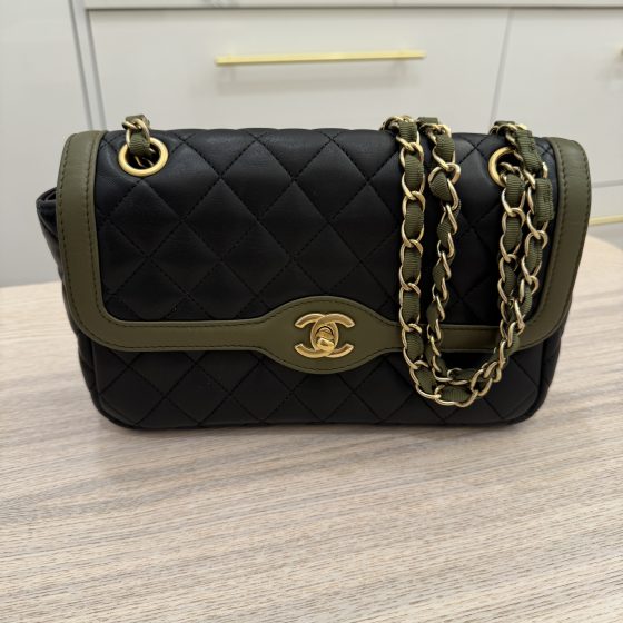 Chanel Lambskin Quilted Medium Two Tone Day Flap Black Green