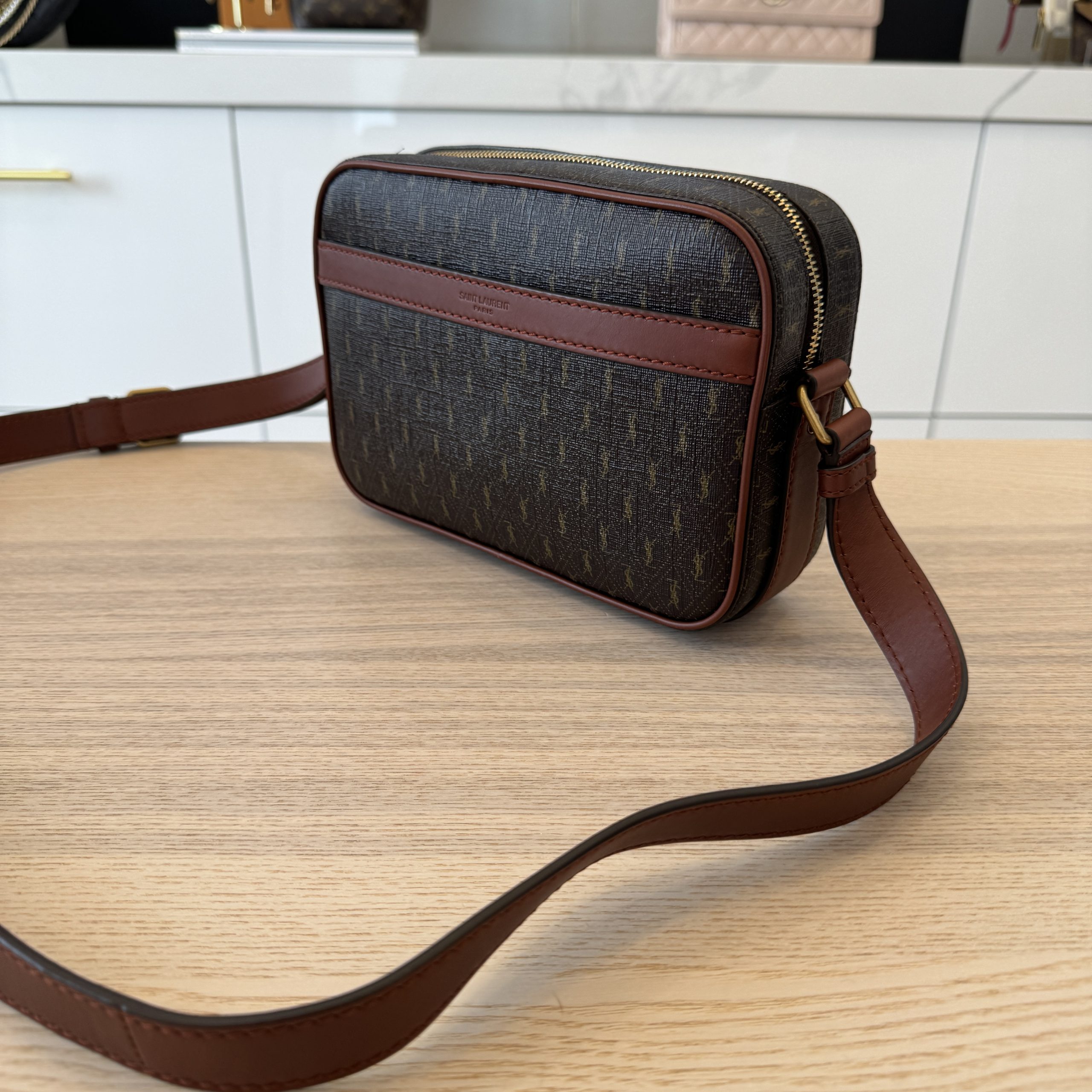 Saint Laurent Le Monogramme Camera Bag In Cassandre Canvas and Smooth Leather