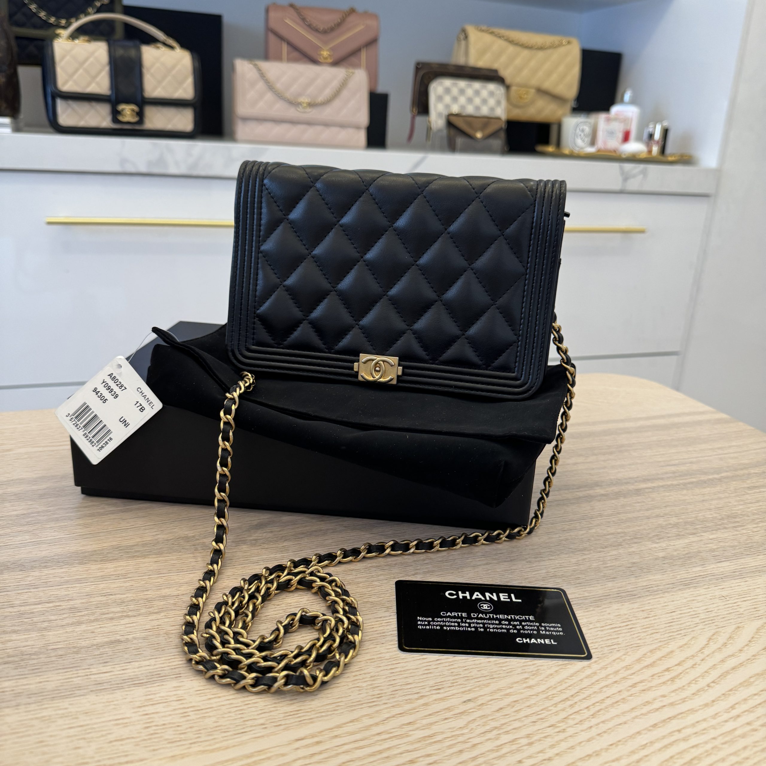Chanel Boy Quilted Wallet on Chain Lambskin Black Gold Hardware