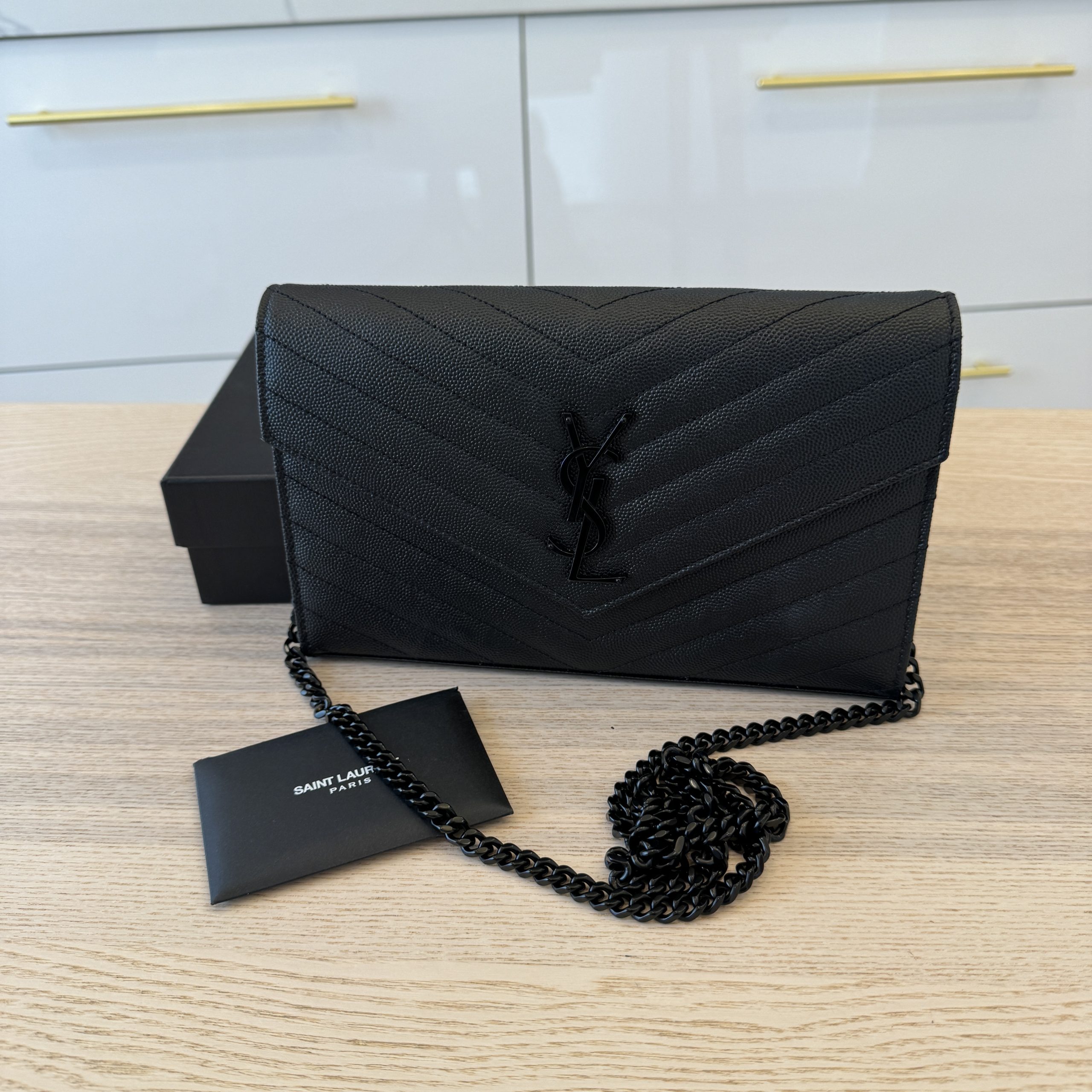 Saint Laurent Envelope Quilted Leather Chain Wallet Black and Black Hardware